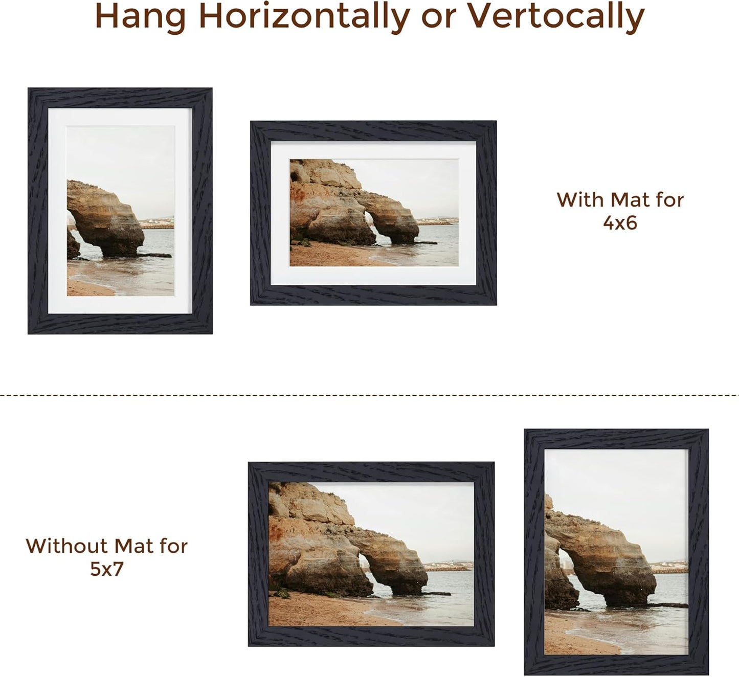 5x7 Picture Frame, Solid Oak Wood 5 x 7 Frame with Plexiglass, 5 by 7 Photo Frame for Wall & Tabletop Display, 5x7 Picture Frame Matted to 4x6, Black Color, 3 Pack