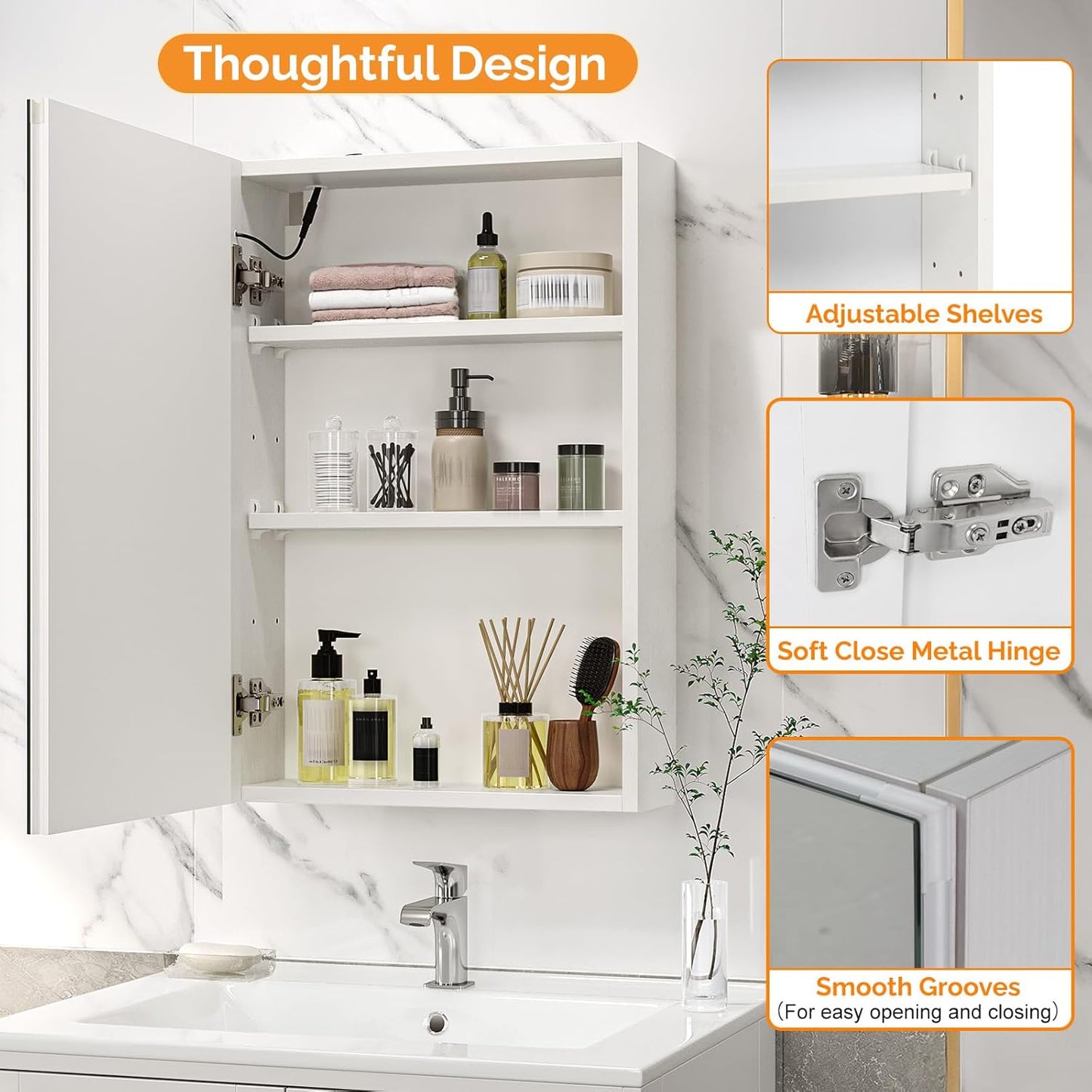 VINGLI 16Inch Medicine Cabinet with Lights, Lighted Medicine Cabinet with Mirror, Led Wall Mirror with Storage for Bathroom,Wall Mounted,3-Color Memory Mode Light,White,5.9" D x 15.75" W x 23.6" H