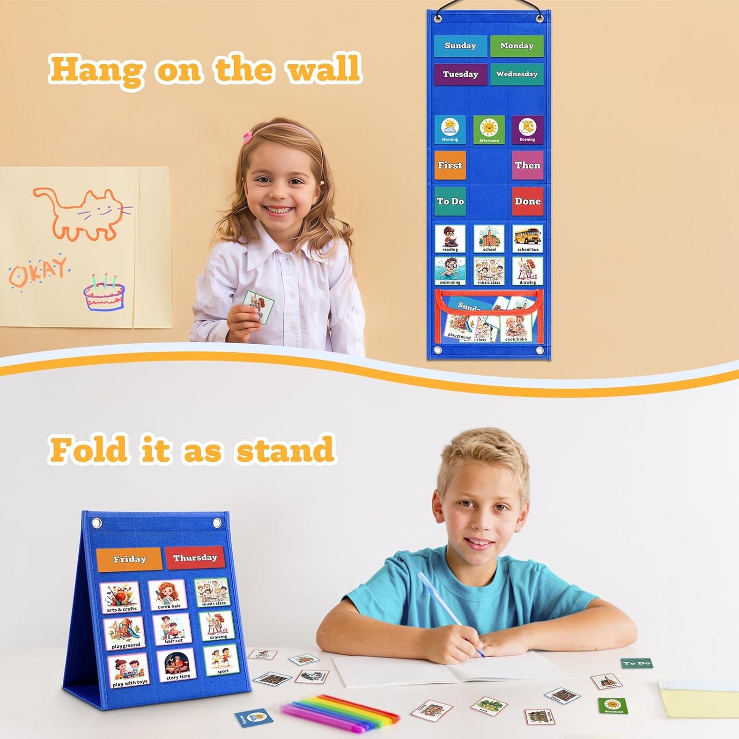 Visual Schedule for Kids Chore Chart,103 Daily Schedule Board Routine Pocket Chart Cards for Toddlers,Autism Learning Material Tool Wall Planner for Home School with 3 in 1 Cards Gift for Kids