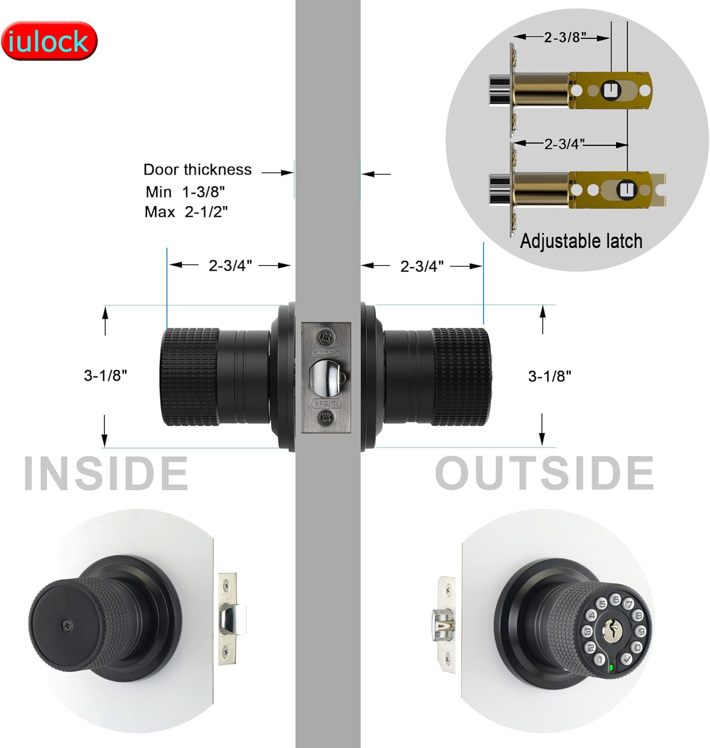 Smart Door Knob with Keypad and Key,Keyless Entry Door Lock with Rubber Grip, Auto Lock,50 User Code,Waterproof, Easy to Install and Program for Bedroom (Matte Black Same Key 4 Pack)