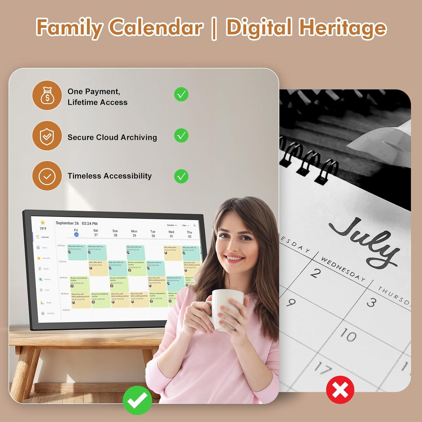 32" Smart Digital Calendar for-Family-Business-Planner - Electronic Calendar for Business Chore Chart, Touchscreen Display for Family Schedules, Auto-Sync Google iCloud Outlook Calendars for Kid Adult