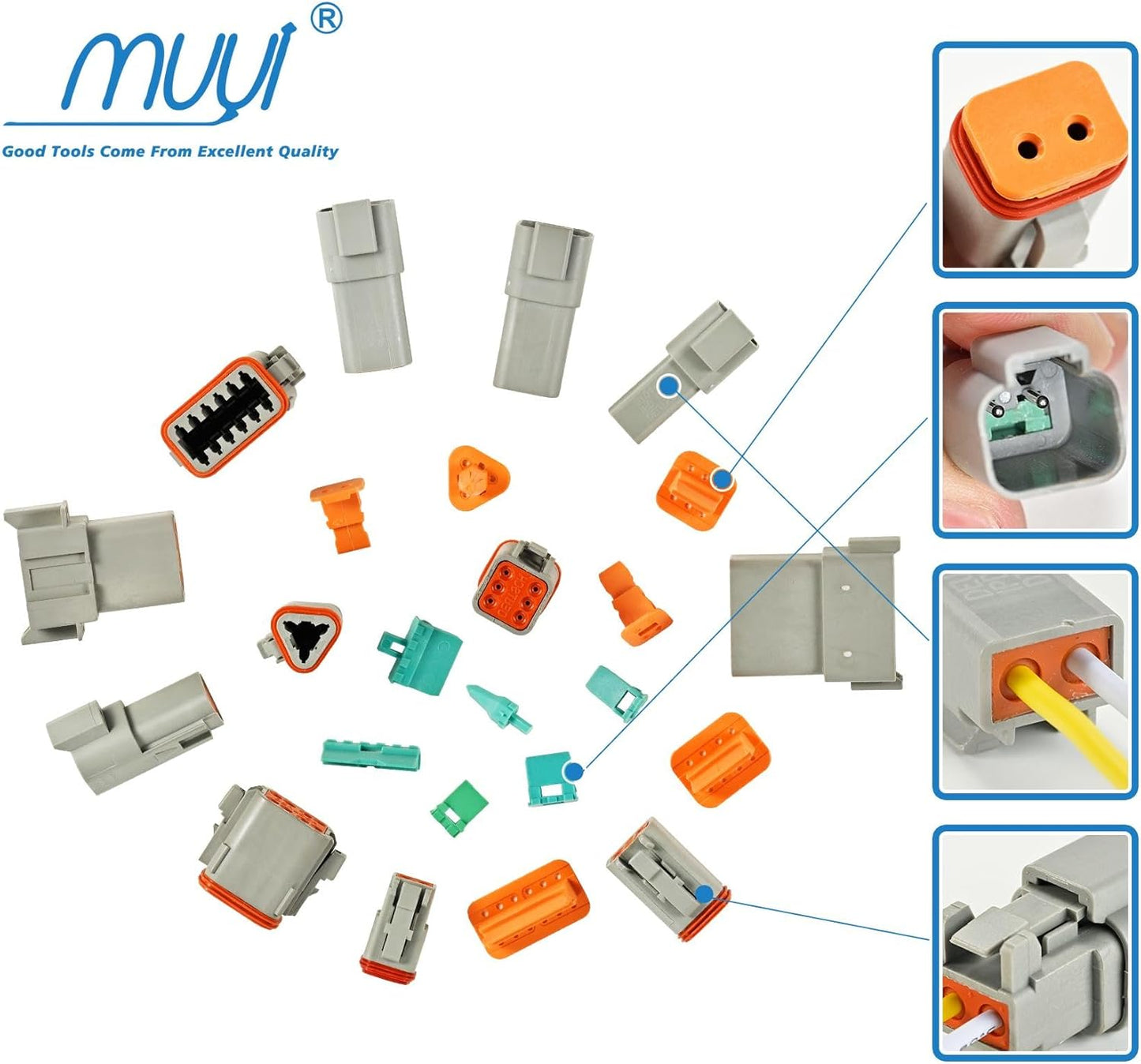 MUYI 371PCS DT Connector Kits, 2/3/4/6/8/12 Pin Connectors for 20 18 16 14AWG Cable Harness, Included Size 16 Solid Barrel Contacts, Wire Crimper, Wire Strippers and Pin Socket Removal Tool