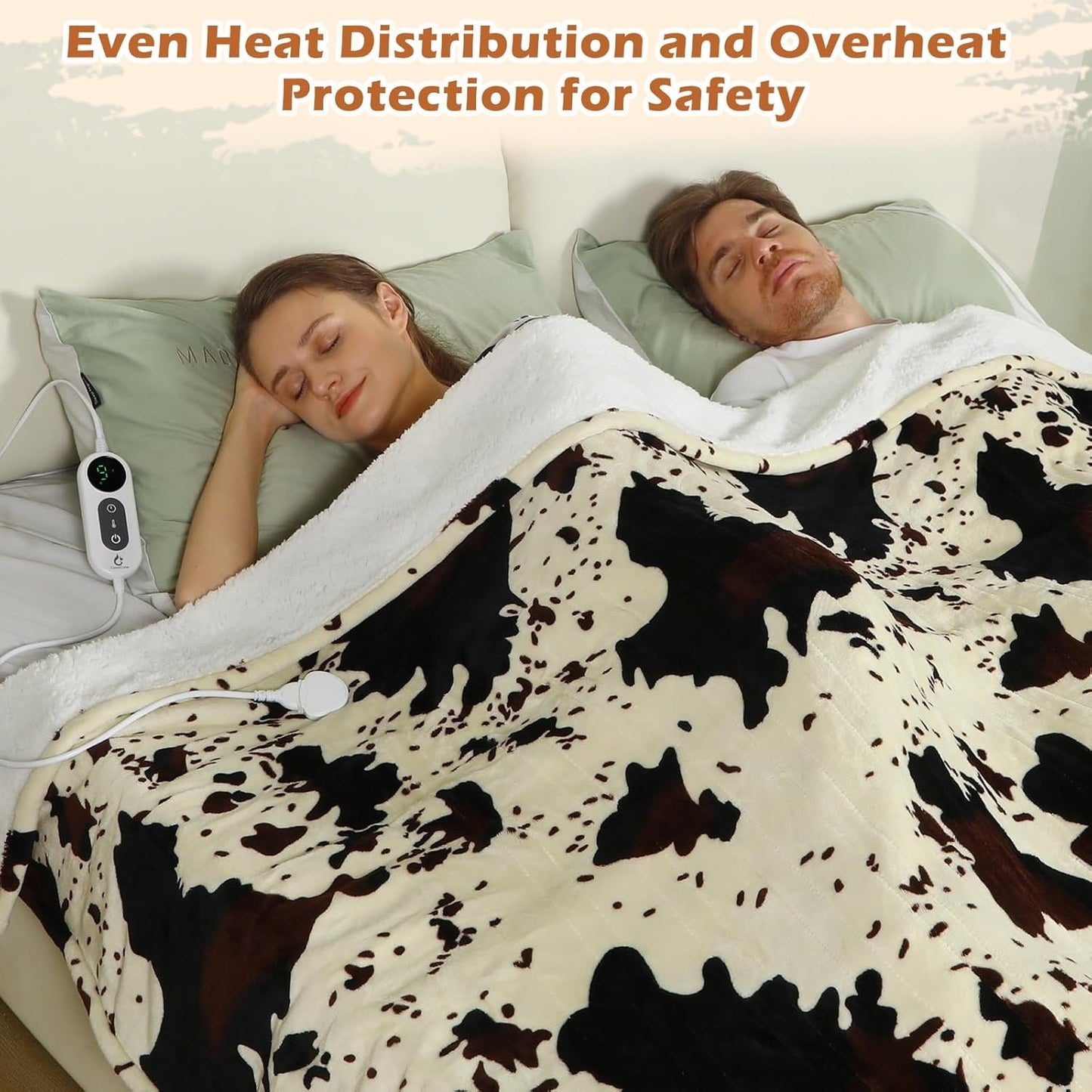 Heated Throw Blanket, 50"x60" Cow Print Electric Throw Heating Blanket, Cozy Soft Flannel Sherpa Heating Blankets with 9 Heat Levels & 2/4/8/12H Auto-Off