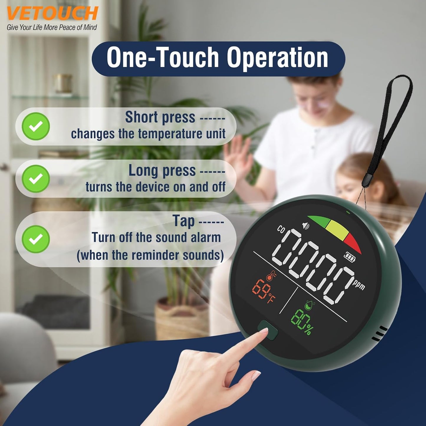 Portable Carbon Monoxide Detector with Digital Display, ±5ppm High Accuracy, 5-Year Sensor Life, Type-C Charging, 150+ Hours Battery Rechargeable CO Monitor for Home, RV & Travel