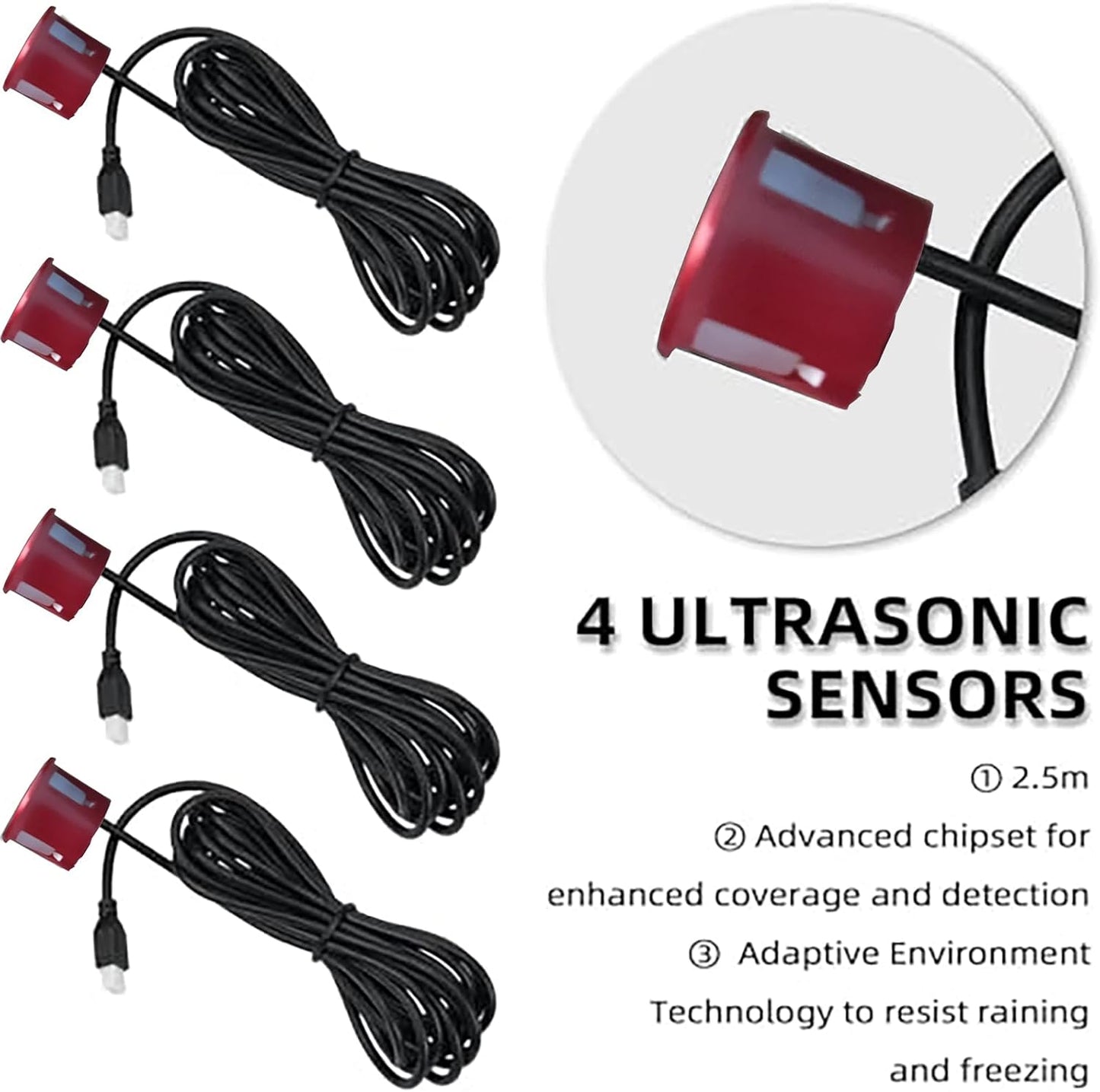 New Feature Rear Parking Sensor with Selectable Distance in Feet, Bidirectional Display Options, and Customizable Numeric Orientation and There are 18 Color Probes to Choose from(Dark Red)