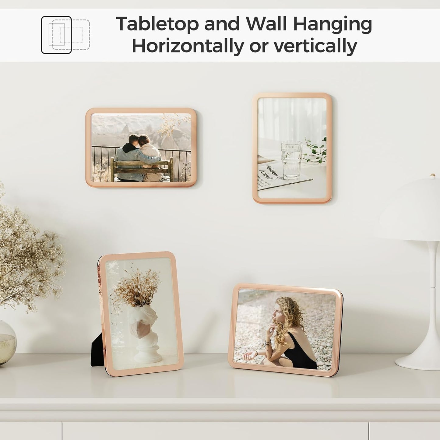 Axeman 11x14 Picture Frame-Metal Rounded Corner Frame 11x14, 11''x14''Photo Frame with Tempered Glass,Tabletop and Wall Display, One-Piece 11 By 14 Metal Picture Frame for images, Rose Gold