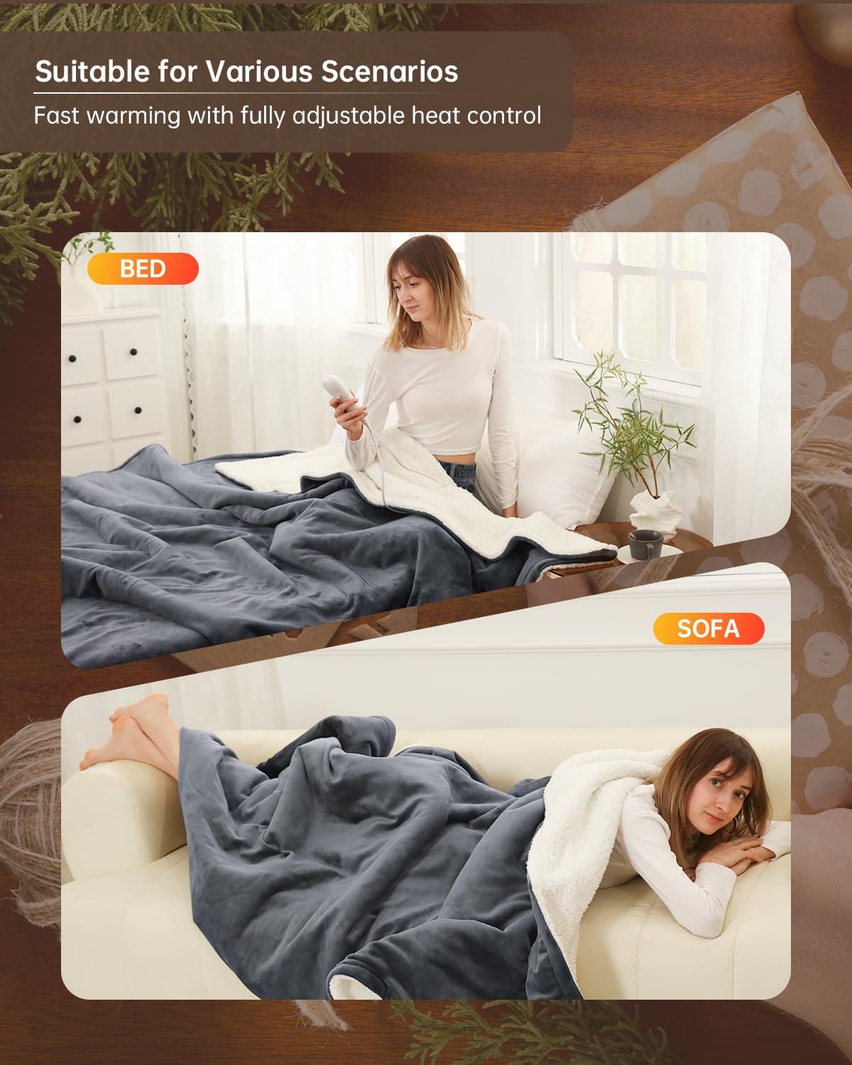 Electric Heated Blanket Throw Size, Washable Blanket Warmer for Home for Adults, Fast Heating, Super Cozy Soft Flannel 50" x 60", 9 Heat Levels, 1-9H Auto-Off, ETL Certified, Slate Gray