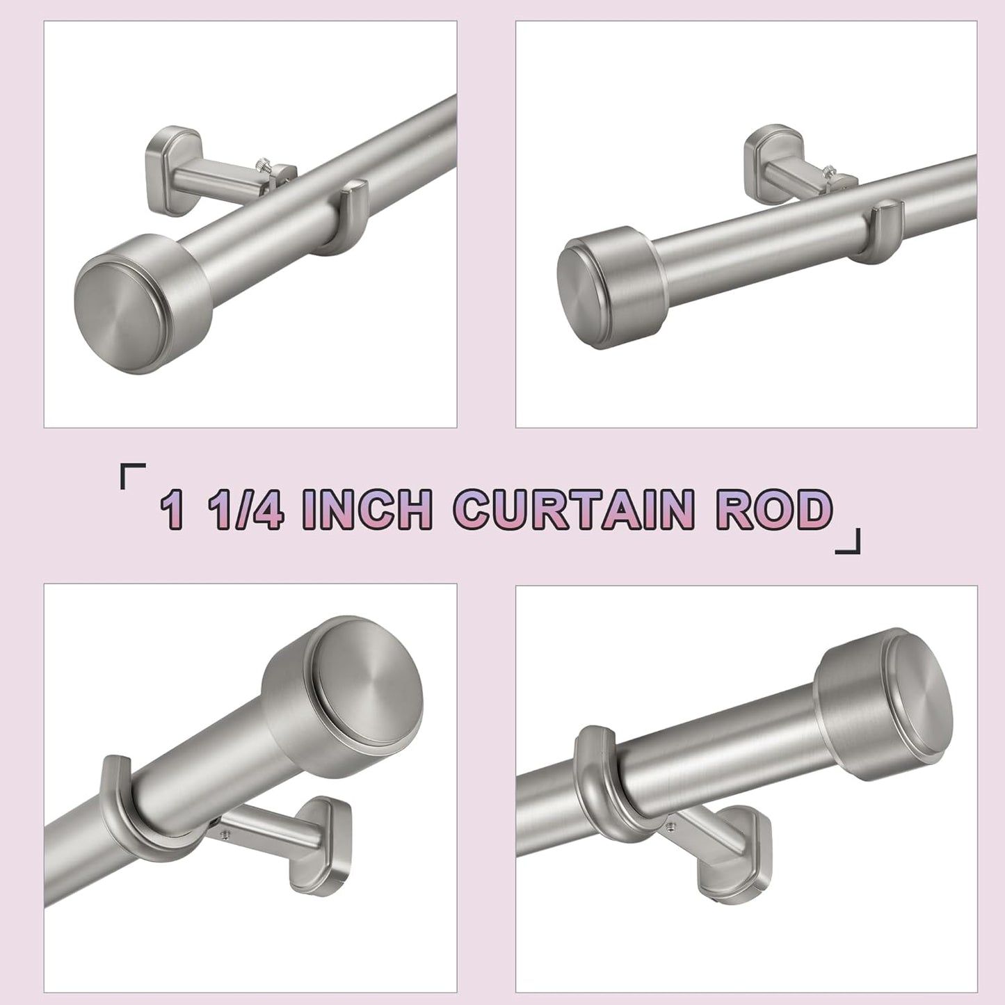 Heavy Duty Curtain Rods,1 1/4" Large Diameter Premium Nonadjustable Curtain Rod,132in/11ft Custom Window Treatment Rods with Durable Aluminum Brackets and End Caps,Brushed Nickel Finish