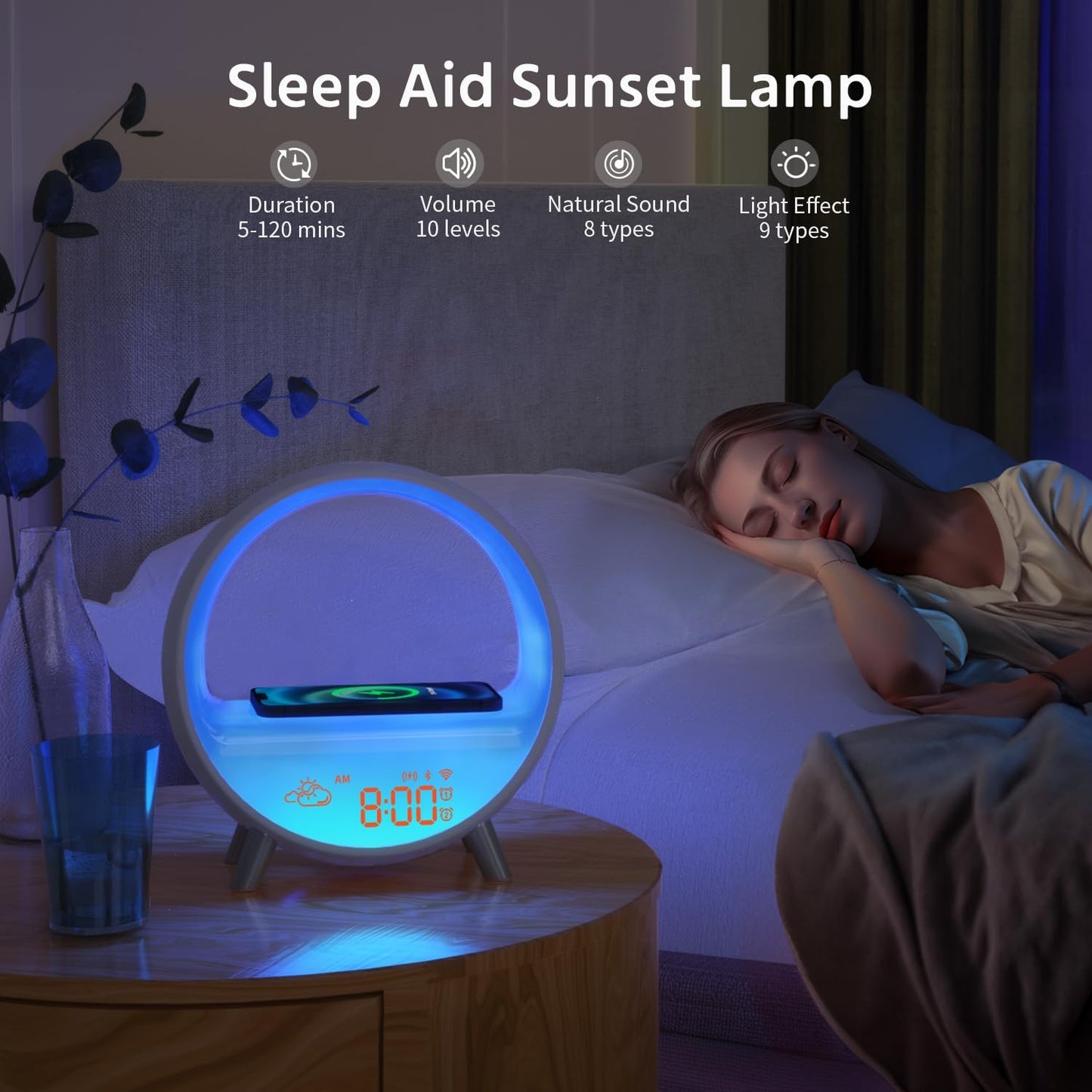MOMILLA Smart Alarm Clock with Wireless Charging Station, Wake up Light w/Bluetooth Speaker, Compatible with Airpods/iPhone, APP Control White Noise Sound Machine, Sunrise Alarm Clocks for Bedrooms