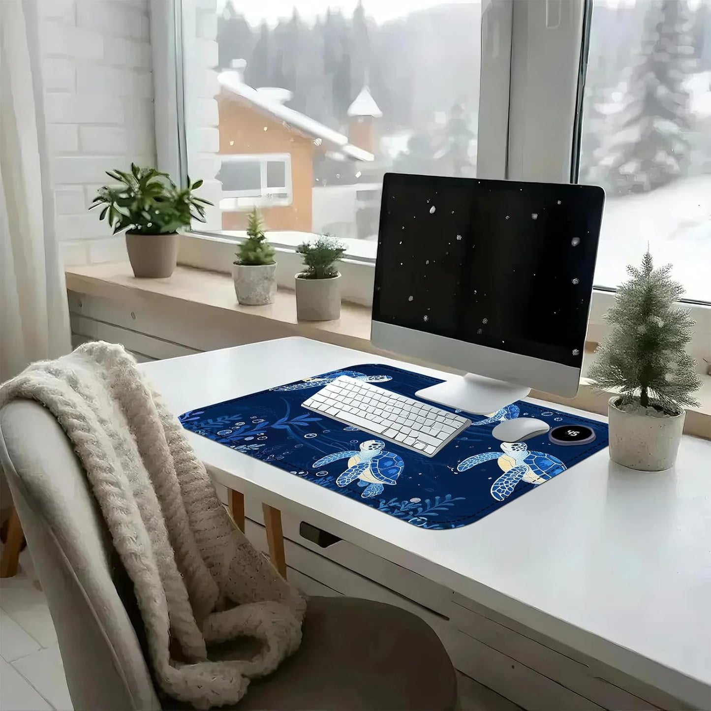 Heated Mouse Pad with 3 Temperature Settings(104°F–122°F),Large 24x14.2 Inch PU Leather Heated Desk Mat,Waterproof Warming Pad for Office,Gaming & Cold Hands Relief,Blue Sea Turtle