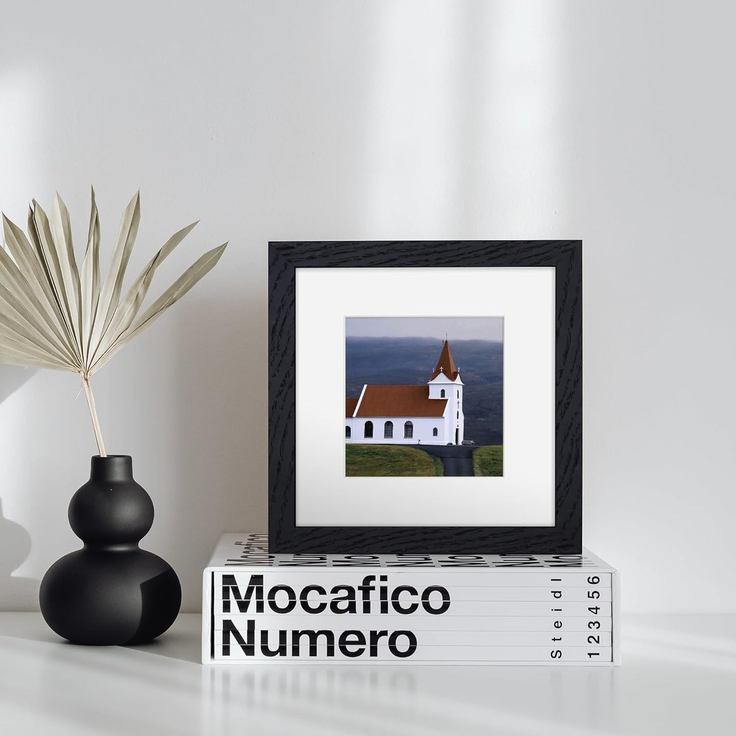 6x6 Picture Frames, Solid White Oak Wood Frame 6 x 6 with Stand for Wall & Tabletop Display, Rustic Wooden Photo Frame 6 by 6 with Real Glass, 6x6 Frame Matted to 4x4, Black Color, Set of 4
