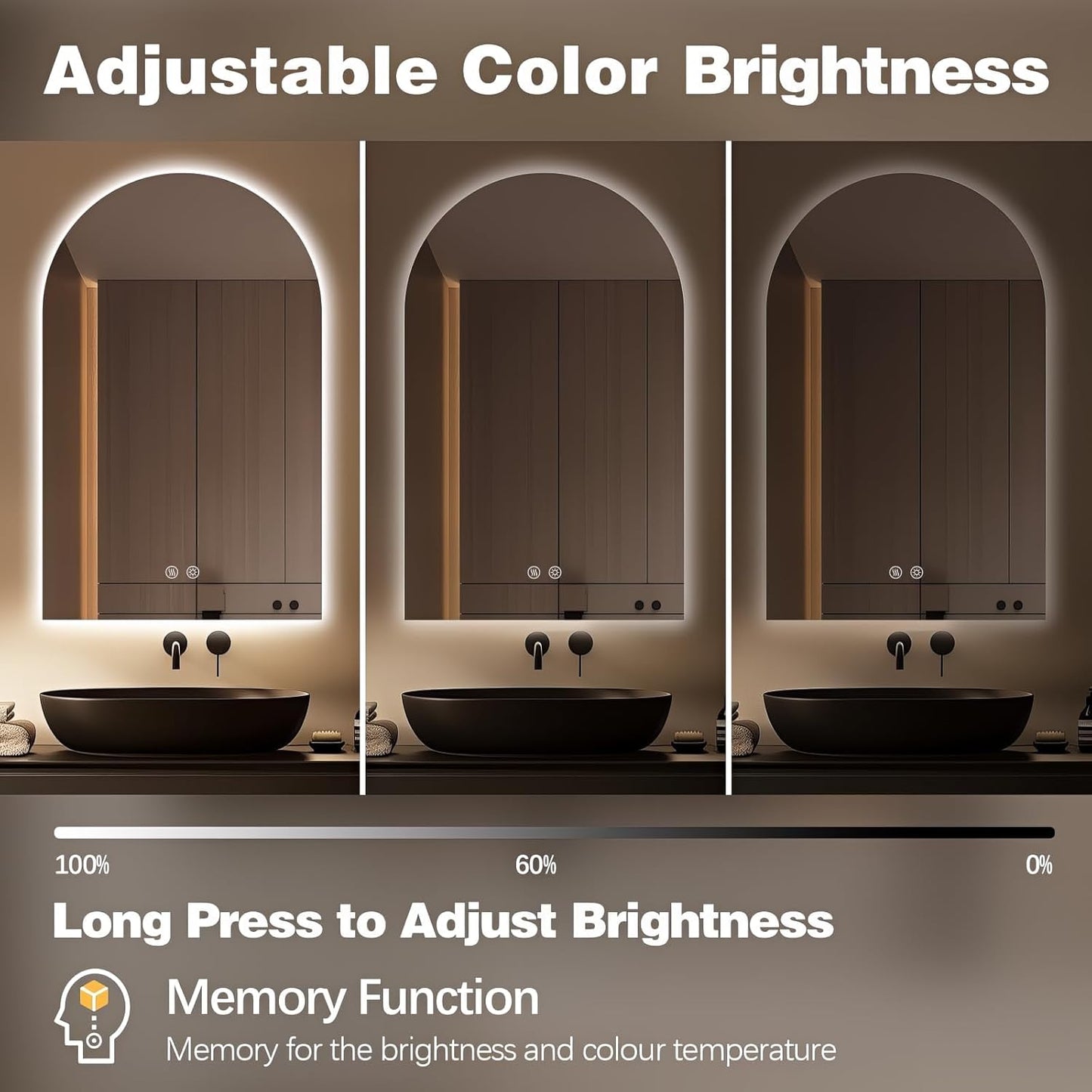 Niccy Arched LED Bathroom Mirror, 51x27 Inch Arch Frameless Backlit Mirrors for Wall Arched Lighted Vanity Mirrors Defogger and 3 Color, Explosion-Proof, HD Glass and IP65 Waterproof