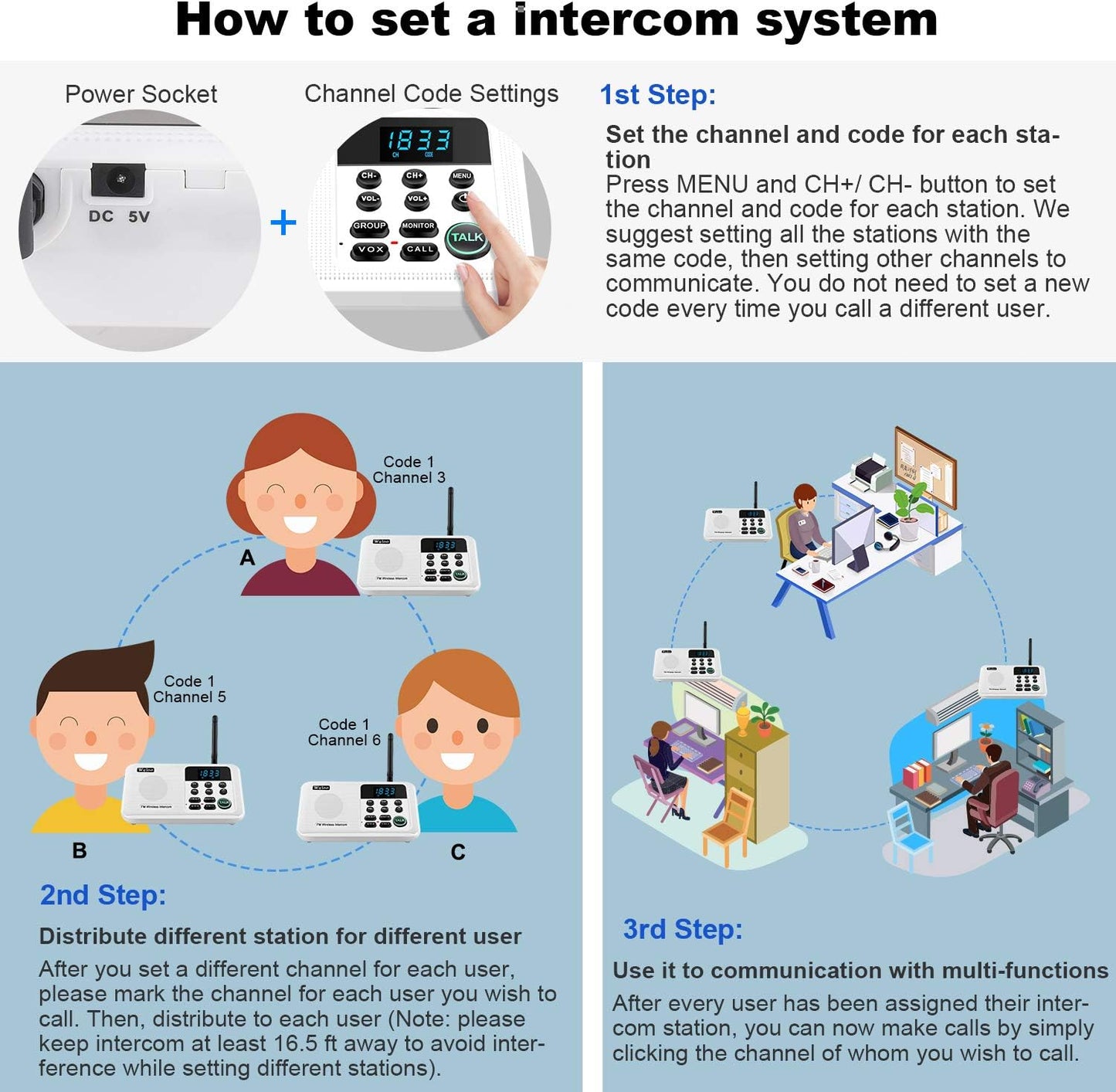 Wuloo Intercoms Wireless for Home 1 Mile Range 22 Channel 100 Digital Code Display Screen, Wireless Intercom System for Home House Business Office, Room to Room Intercom Communication (6 Packs, White)