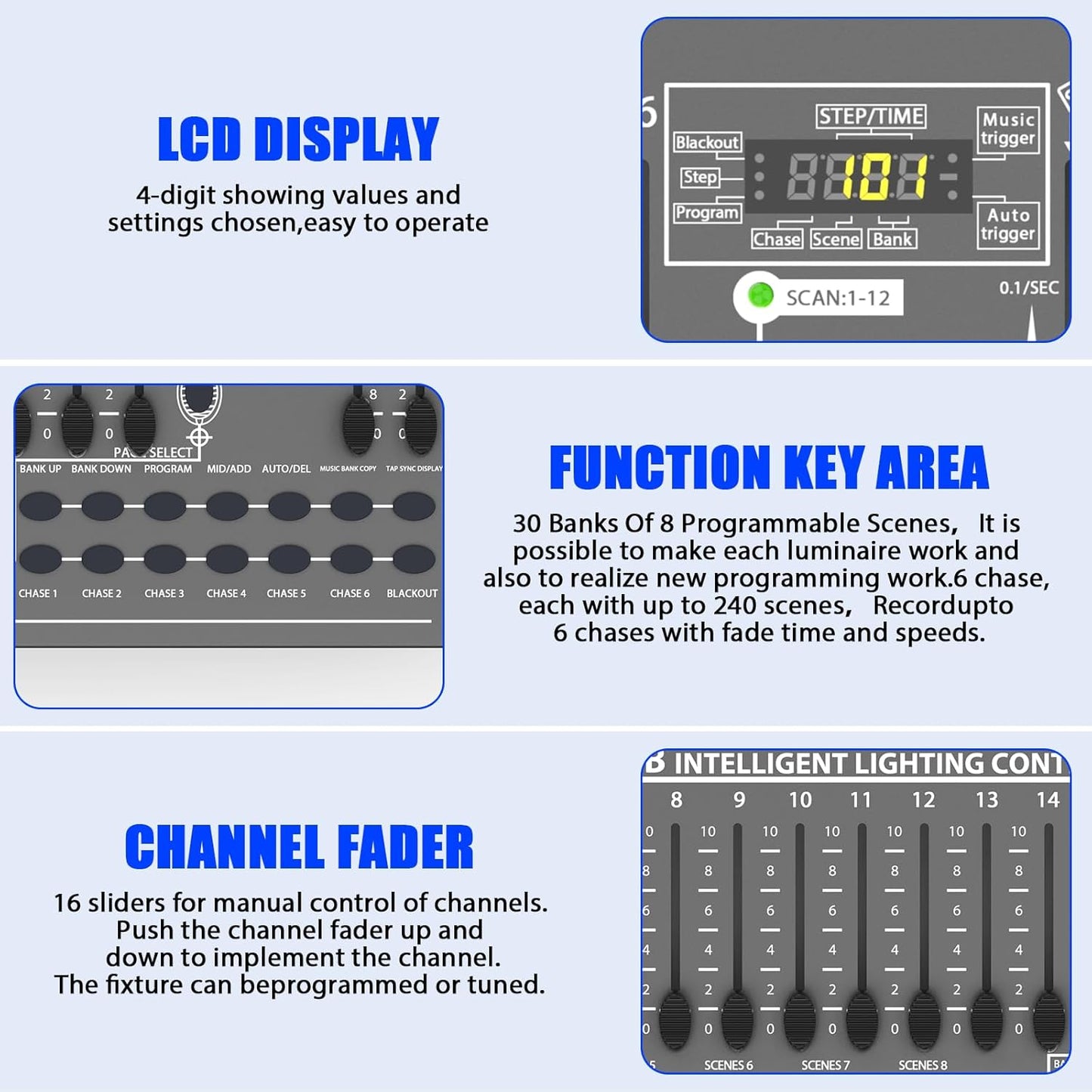 DJ Controller 384CH Fog DMX-512 DJ Controller Support 30 Banks 8 Scenes 24 fixtures Stage Lighting Console for Program Editing of DJ Lights Show Bar Club Live