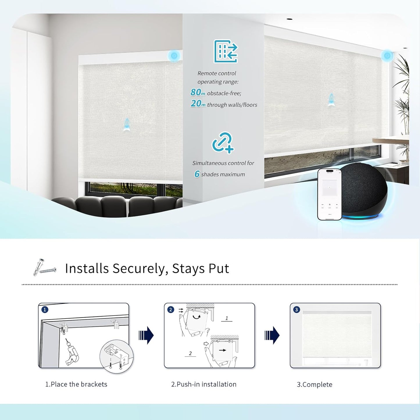Motorized Blinds with Remote Custom Size Blackout Smart Roller Shades Compatible with Alexa Google, Electric Blinds for Windows