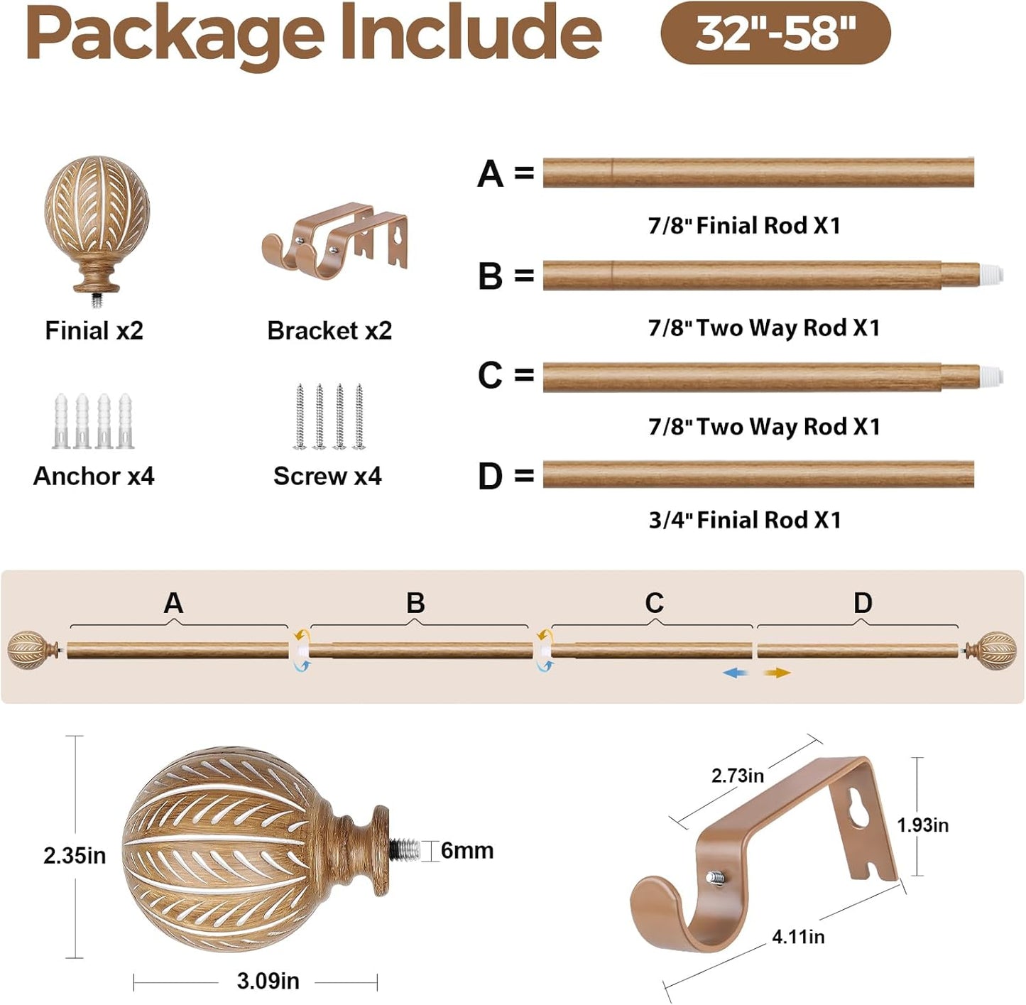 KAMANINA Wood Curtain Rods for Windows 32 to 58 Inch(2.6-4.8ft), 1 Inch Adjustable Drapery Rod, Decorative Heavy Duty Curtain Rods with Leaf Pattern Finials, Wood Grain