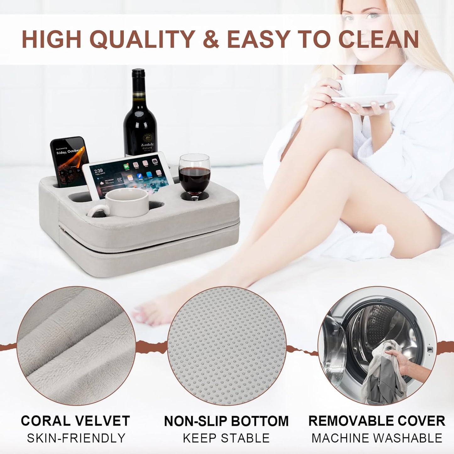 Couch Cup Holder Pillow - Sofa Cup Holder | Couch Caddy, Couch Drinks Remotes Holder for Cups, Headphones, Snacks, and Phones | Use it on Car, Pack, Beach, RV, and More(Silvergrey)