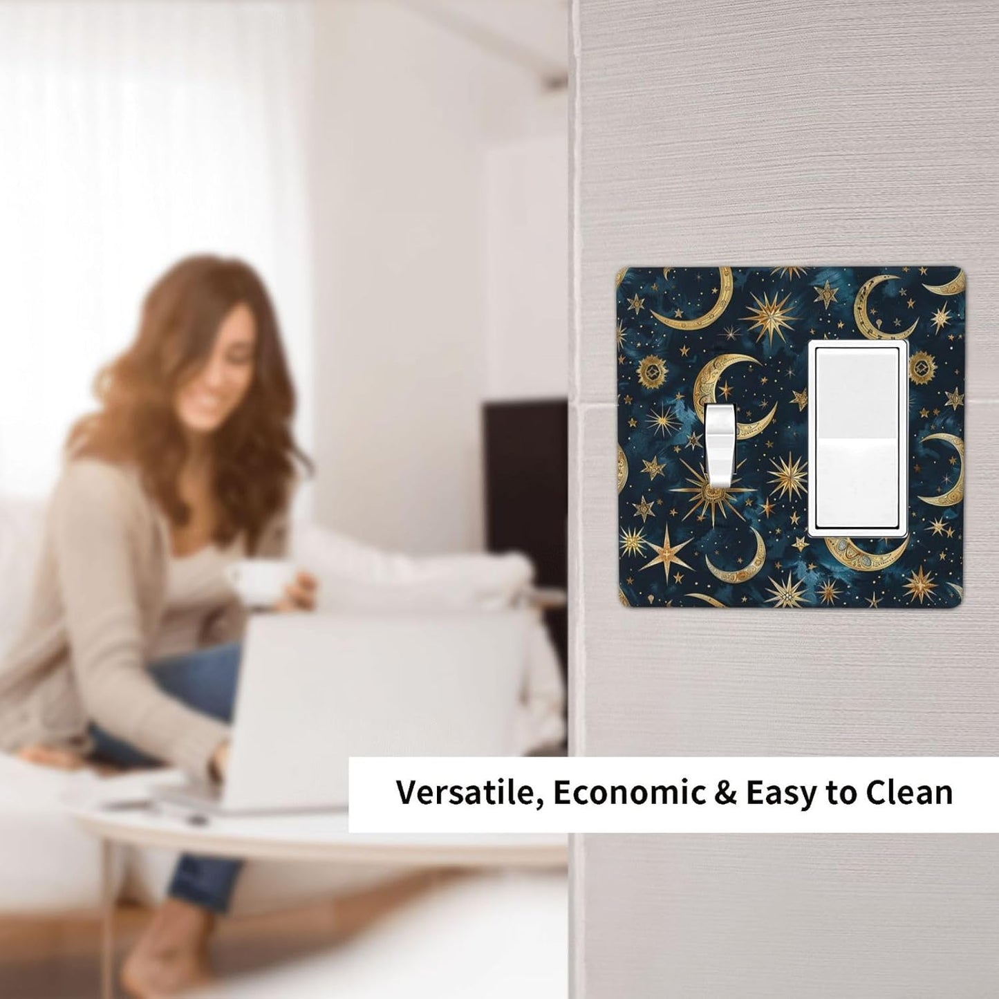 Outlet Covers Modern Abstract Sky Blue Gold Moon Sun Star 1 Toggle 1 Rocker Combination Decorative Wall Plate Electrical Switch Plates Light Switch Cover Plate for Bedroom Kids room Decor