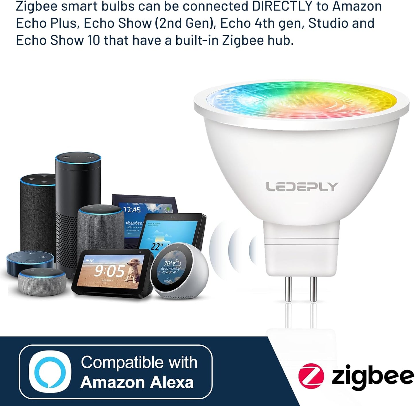 Zigbee MR16 LED Smart Bulb, Hub Required, Compatible with Phi*Lip*s Hu*e*, Alexa, Google, & ConBee, 5W =50W, GU5.3, Dimmable, AC/DC 12V, Color Changing & Tunable White, 2-Pack