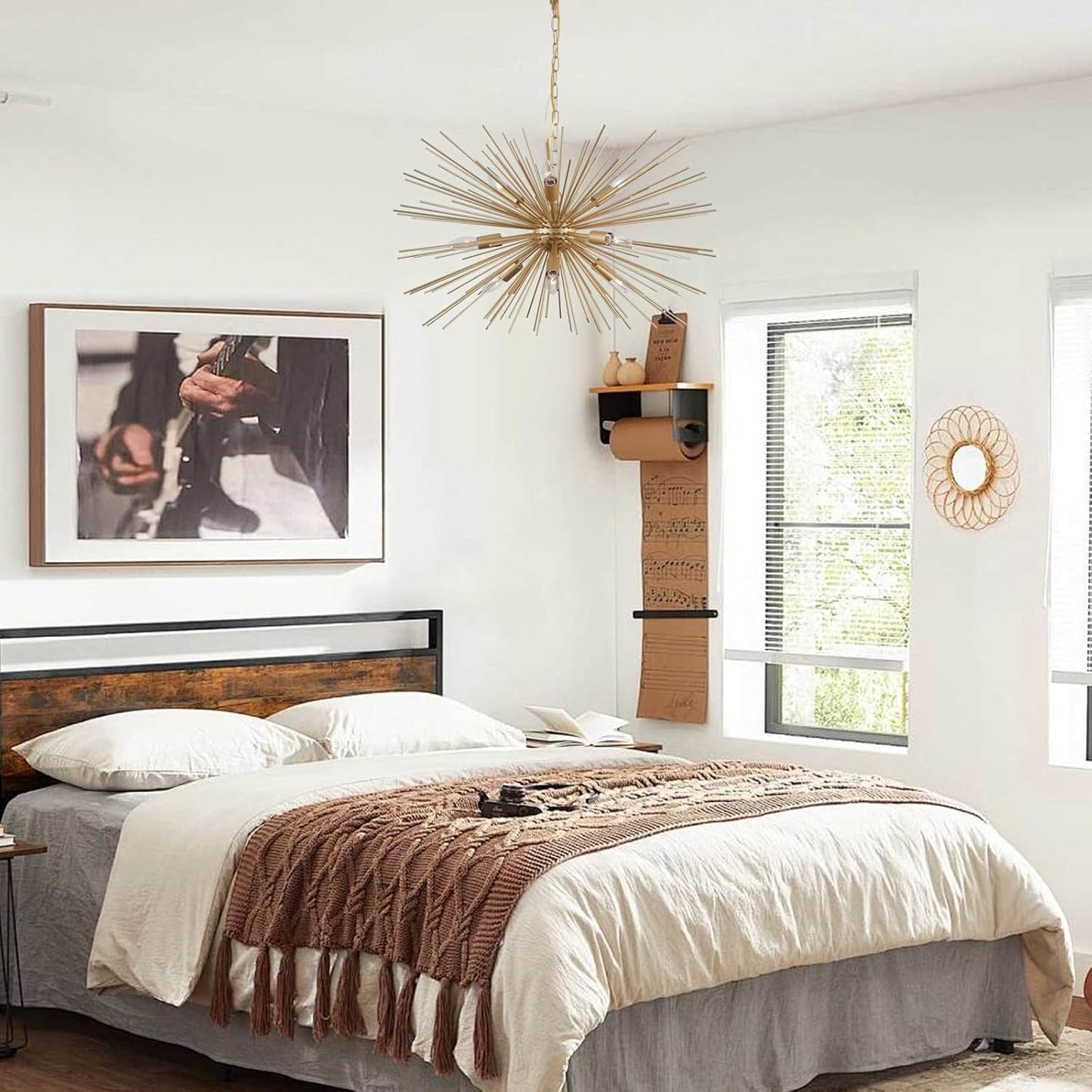 Gold Starburst Chandelier,9-Light Sputnik Chandelier Light Fixture Firework Ceiling Light for Dining Room,Bedroom,Living Room,Kitchen,Entryway,Foyer,29in