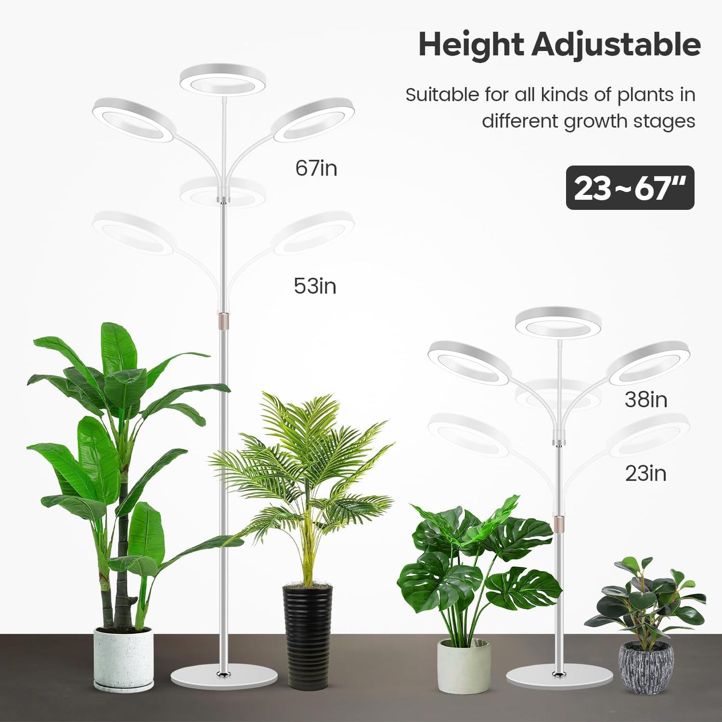 Garpsen Floor Plant Light, Full Spectrum 252 LEDs Grow Light for Indoor Plants with Base, 3 Color Modes & 5 Dimmable, Timer 6/12/16H Grow Lamp with 67''Height Adjustable, 3-Head-White