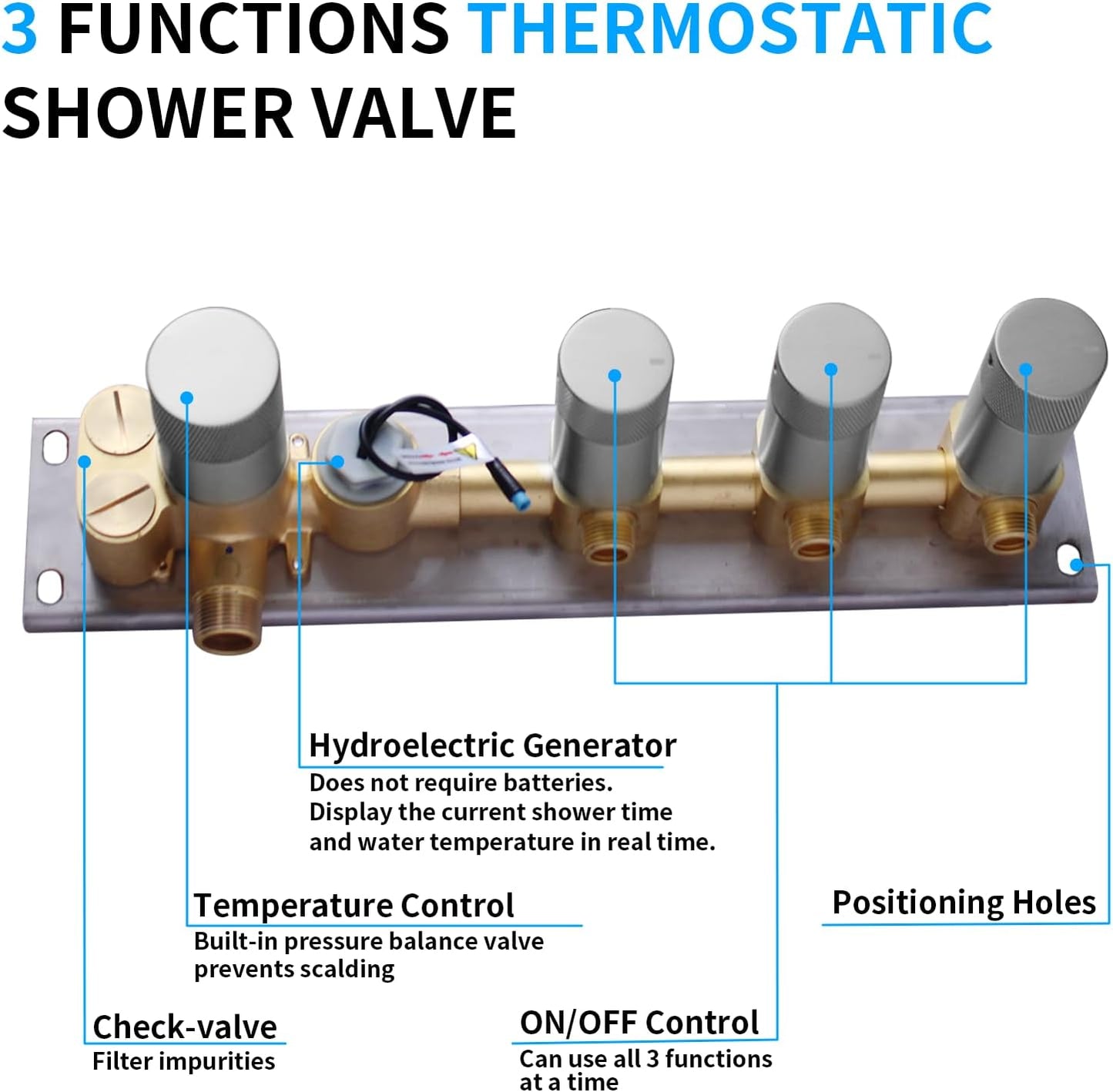 Triple Function Shower Diverter Digital Display Shower Mixer Valve Kit Replacement Temperature Control Valve with Individual On Off Flow Control Shower Valve, Brushed Nickel