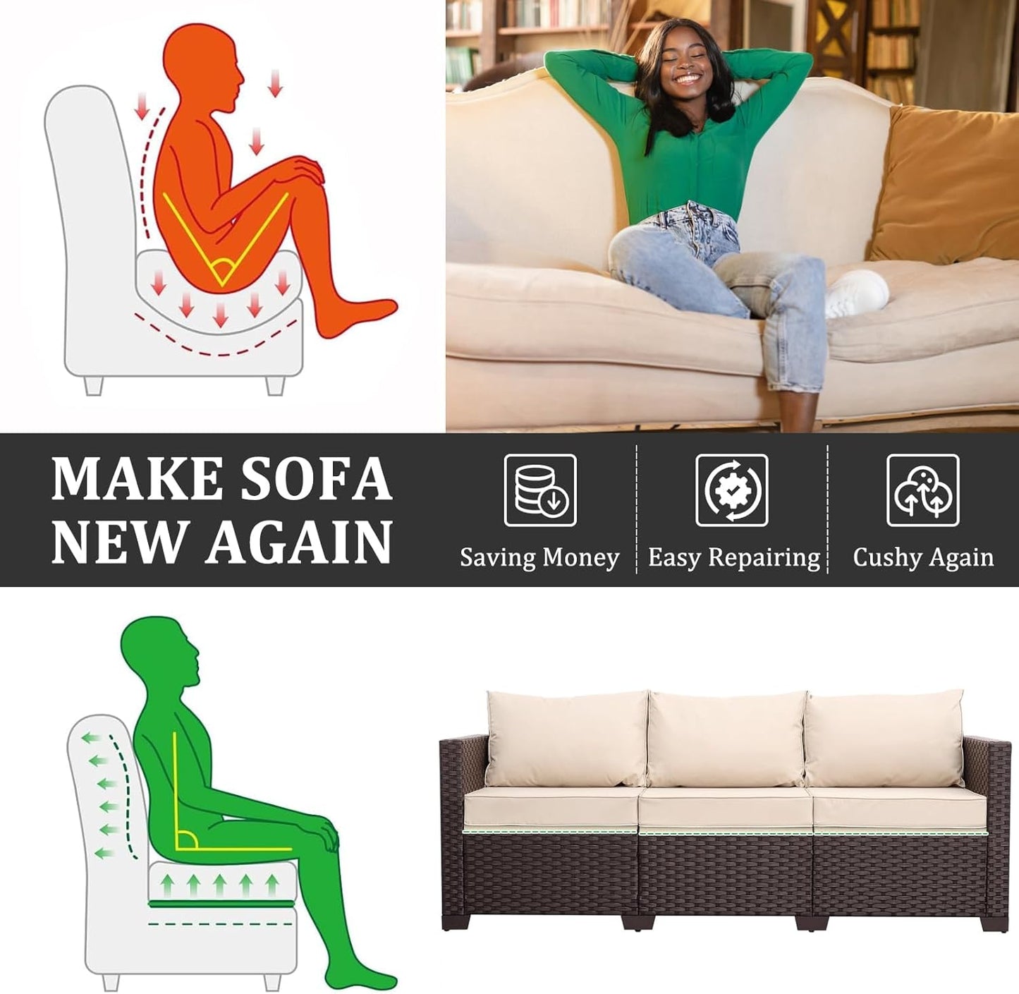 HAVARGO Couch Cushion Support for Outdoor Sagging Seat 20x20x2 Inches Couch Supports for Sagging Cushions, Quick-Drying and High Density Foam Sofa Cushion Support with Anti Slip Mesh Fabric Set of 3