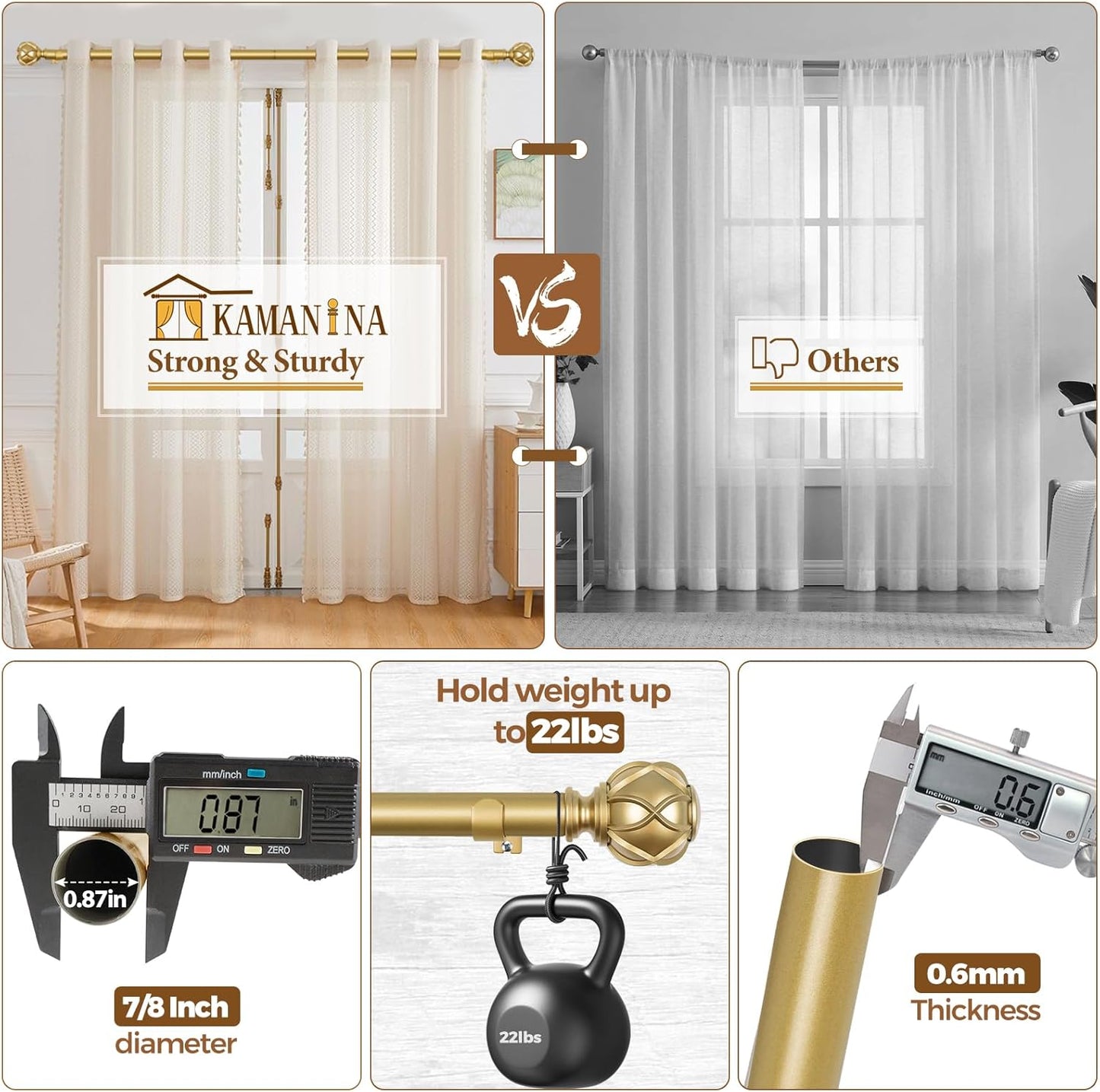 KAMANINA Gold Curtain Rod 72 to 144 Inch (6-12 Feet), Telescoping Single Drapery Rods, 7/8 Inch Heavy Duty Curtain Rods for Windows 66 to 144 Inches, Netted Texture Finials