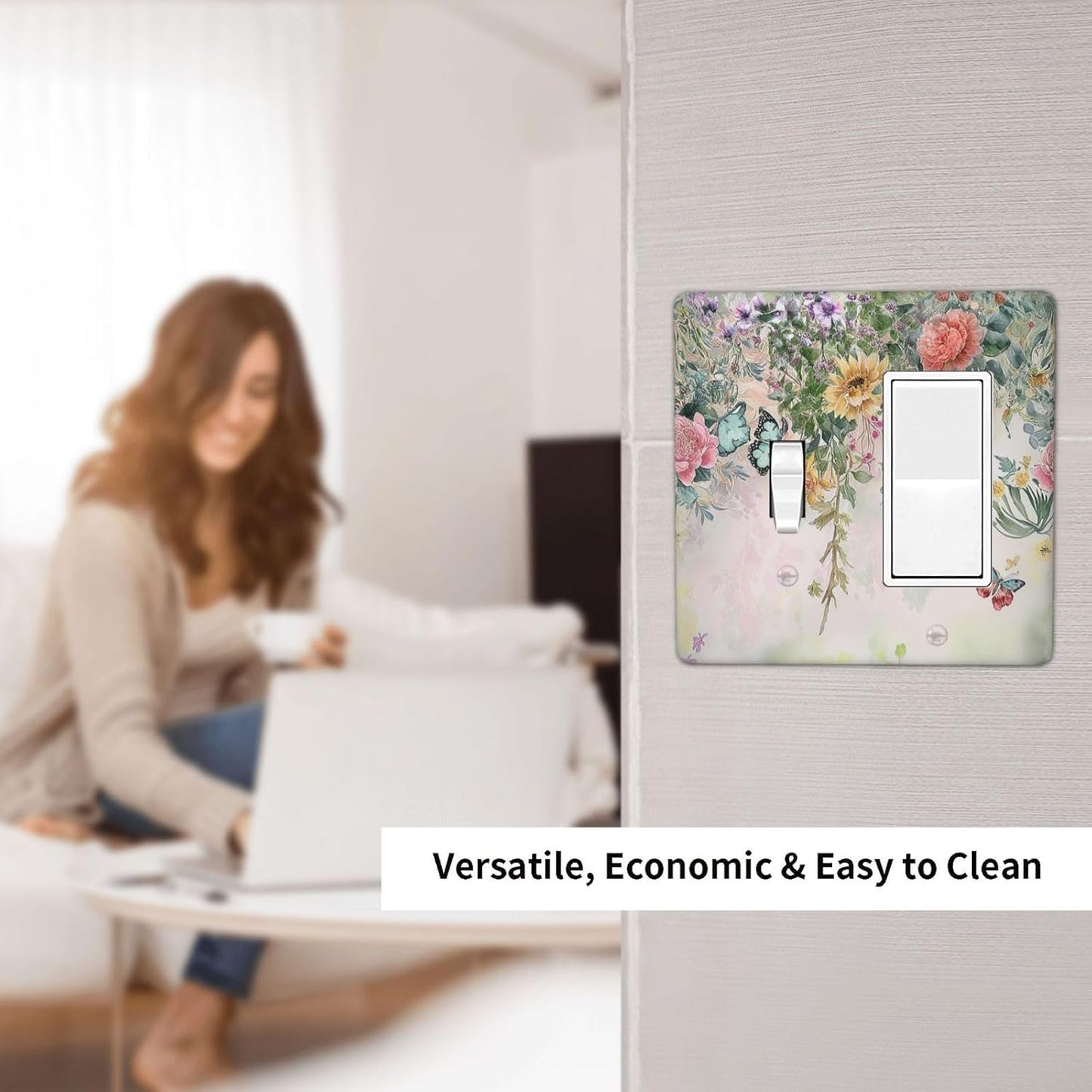 Rustic Floral Watercolor Flower Blossom Butterfly 2 Gang Combo 1 Toggle 1 Rcoker Light Switch Covers Decorative Switch Plates Electrical Switch Plates and Outlet Covers for Home Art Decor 4.5 X 4.5 IN