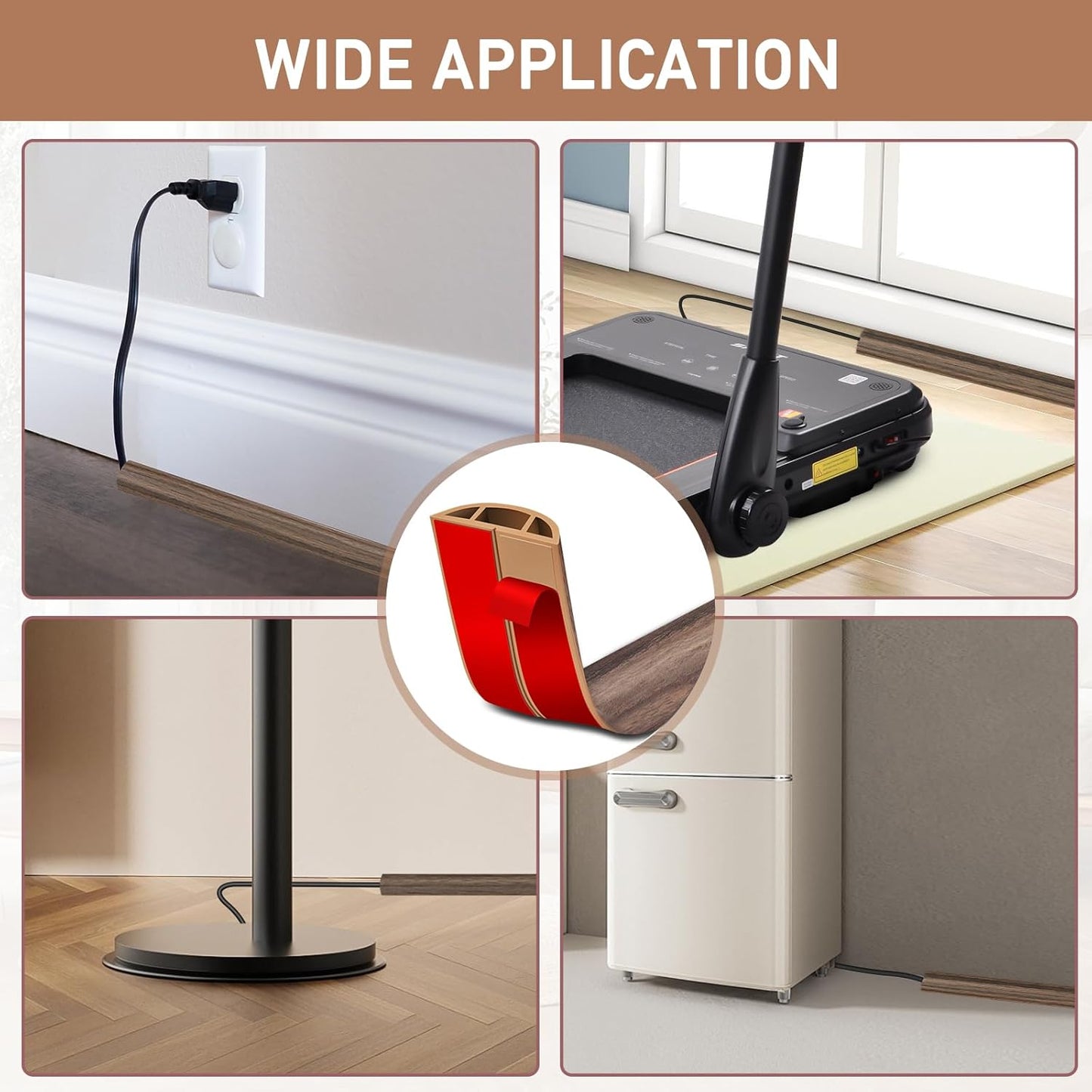 Floor Cord Cover Self Adhesive Cord Hider Floor Extension Cord Covers for Floor Power Cord Protector Cable Management Prevent Cable Trips Cable Cavity 0.47" W x 0.27" H (Smoked Brown Wood, 20Ft)