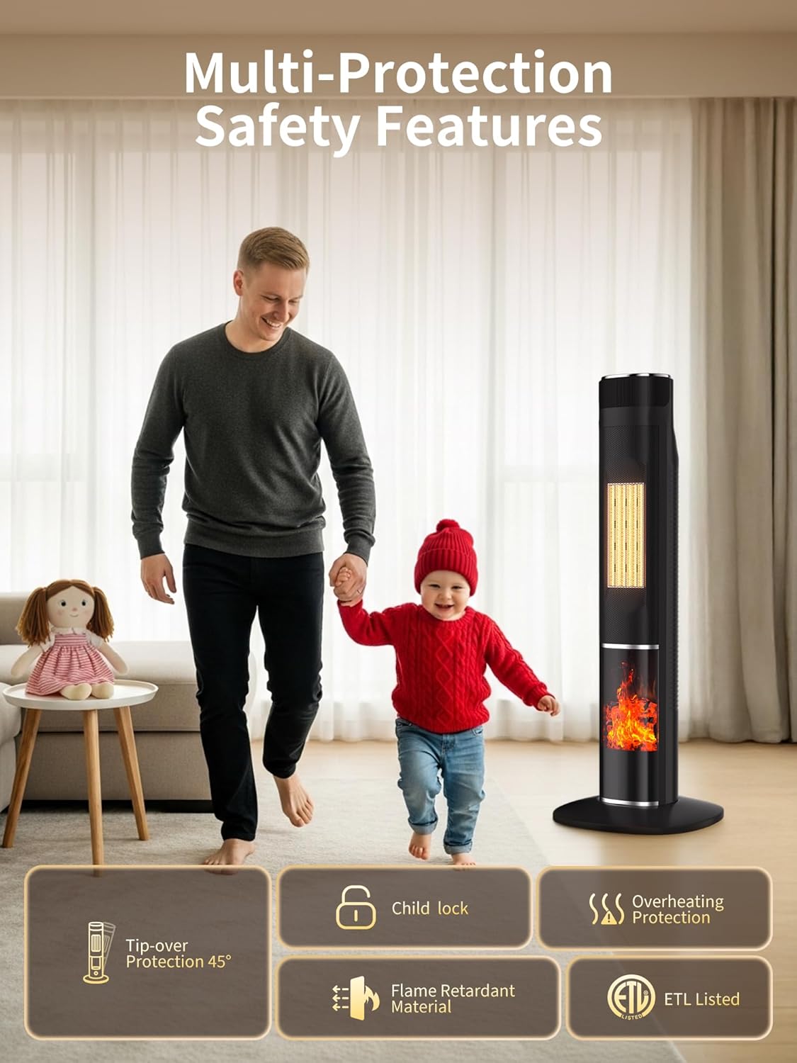 YEW Space Heater Large Room, 1500W Portable Tower Room Heaters with Thermostat and Remote, 24H Timer, 80°Oscillation, Overheat&Tip-over Protection, Electric Ceramic Heater for Indoor Bedroom,Office