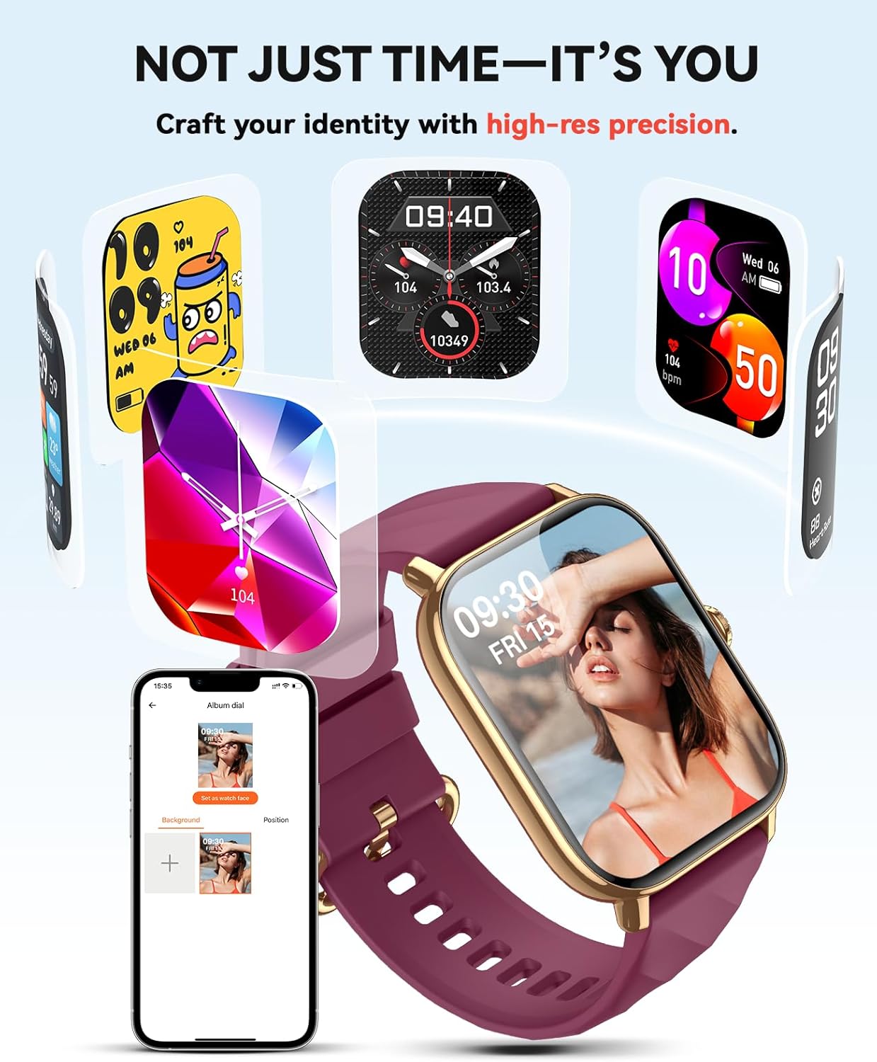 Smart Watches Fitness Tracker for Men Women with Step Counter, Sleep /Calorie Monitor, Pedometer, IP68 Waterproof, 120+ Sports for iPhone Android, 1.91” Touchscreen Smartwatch (Casual, Wine-red, 1.91)