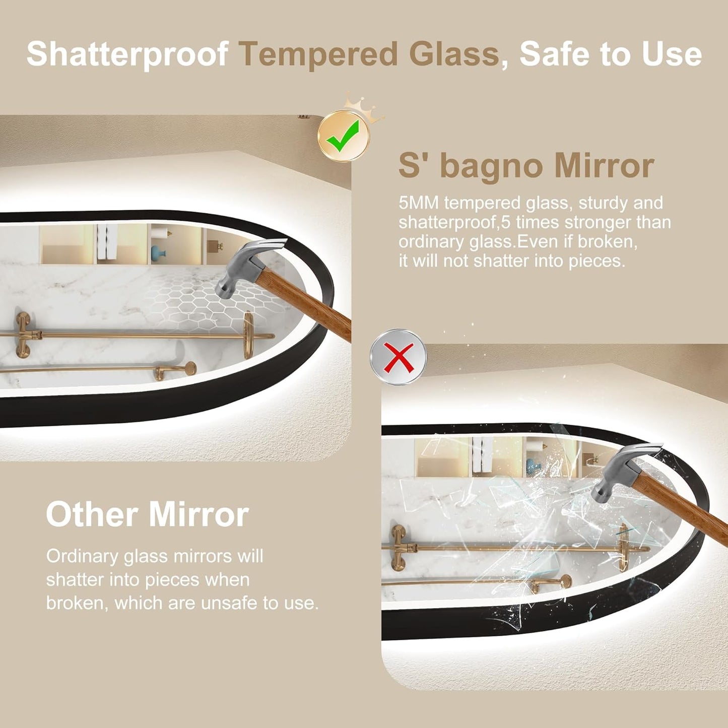S'bagno 24x36 Arched Black LED Mirror for Bathroom with Frontlit & Backlit, LED Bathroom Mirror with Metal Frame, Anti-Fog, Stepless Dimmable, 3 Color Temperature Vanity Mirror