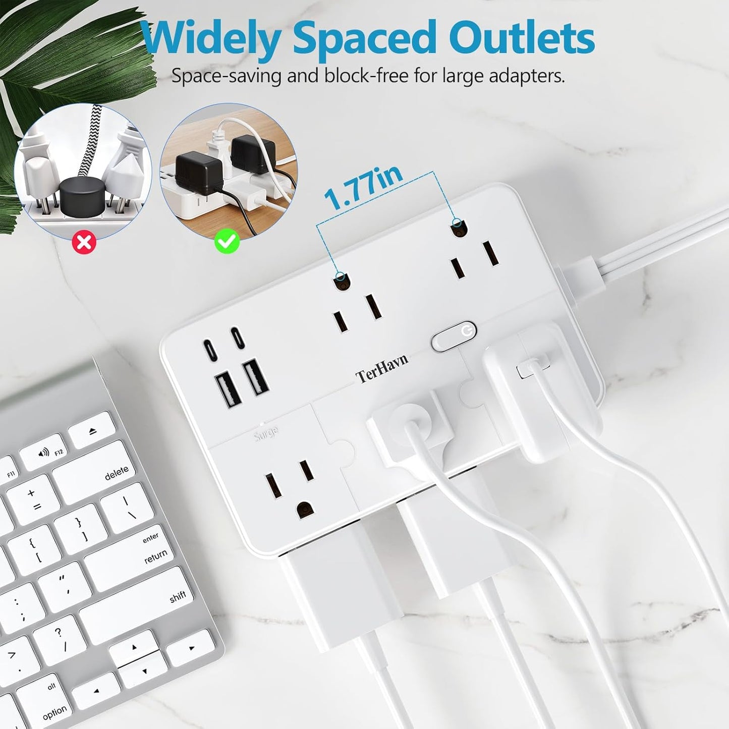 Surge Protector Power Strip 1 FT Flat Extension Cord ,10 AC Outlets & 4 USB Ports(5V/3.4A 17W), 1080J ,Wall Mountable Desktop Charging Station with Flat Plug for Office Supplies and Home, White