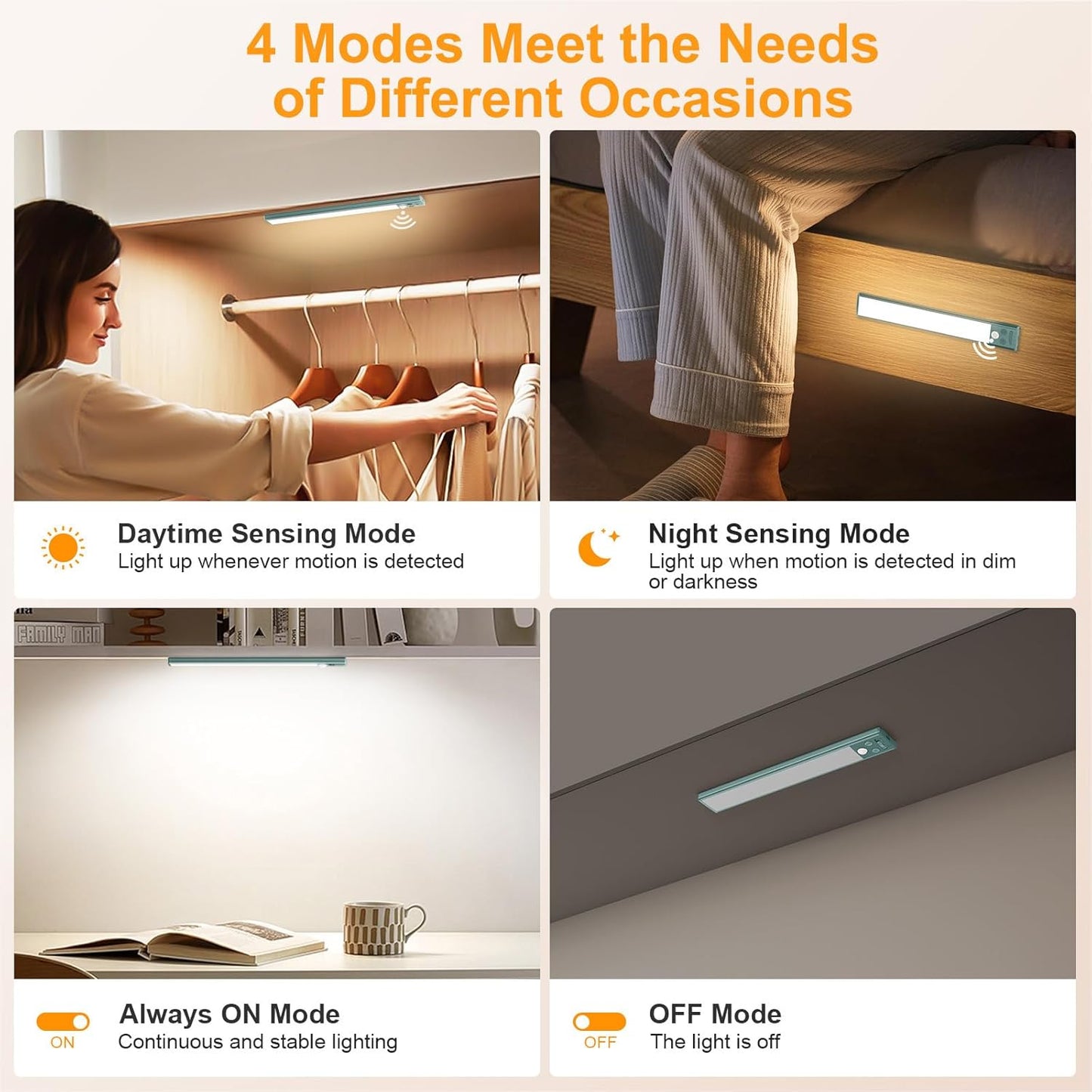 Gritin 10.2inch Under Cabinet Lighting Rechargeable -84 LED Super Bright,3-Color& 5 Level Brightness,4 Modes,Motion Sensor, Long Lasting- Easy Installation Magnetic Closet Lights -2 Pack-Green