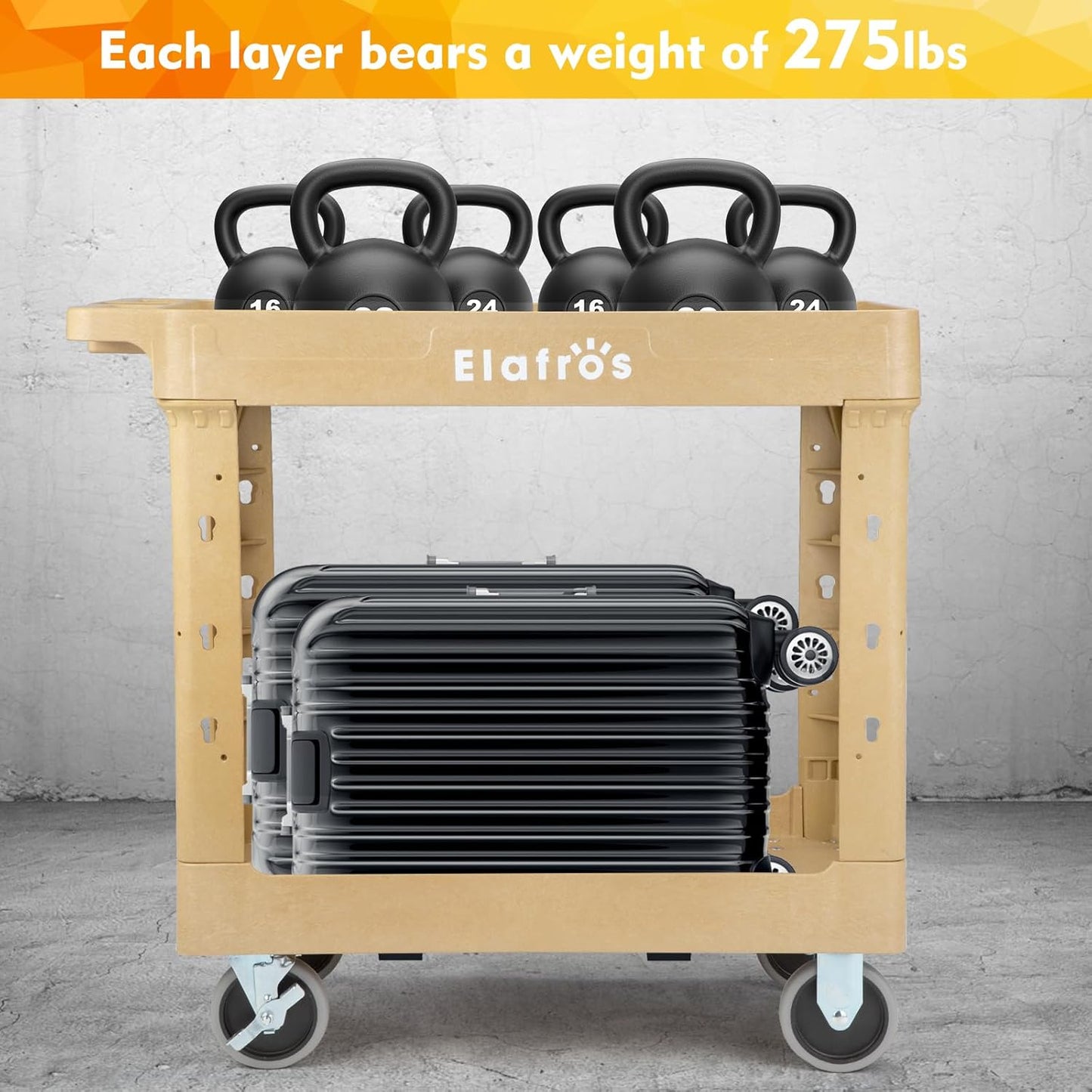 ELAFROS Heavy Duty Plastic Utility Cart 34 x 17 Inch - Work Cart Tub Storage W/Deep Shelves and 2 Fixed 2 Swivel Wheels Safely Holds up to 550 lbs - 2 Tier Service Cart for Warehouse,Garage, Sand
