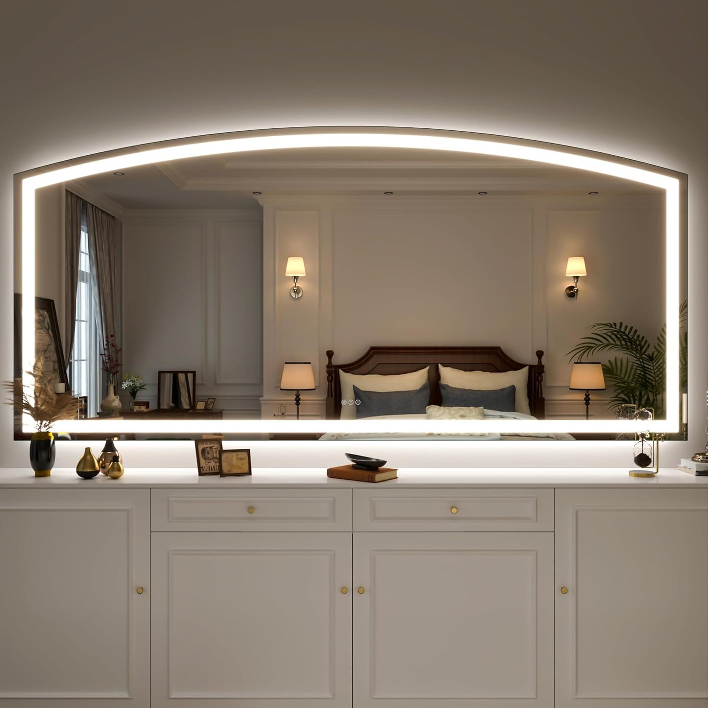Hasipu 84" x 40" Arch LED Bathroom Mirror, Frontlit Wall-Mounted Vanity Mirror with Lights, Defogging, Smart Touch, Dimmable 3 Color Modes, Safety Shatterproof Glass Coating