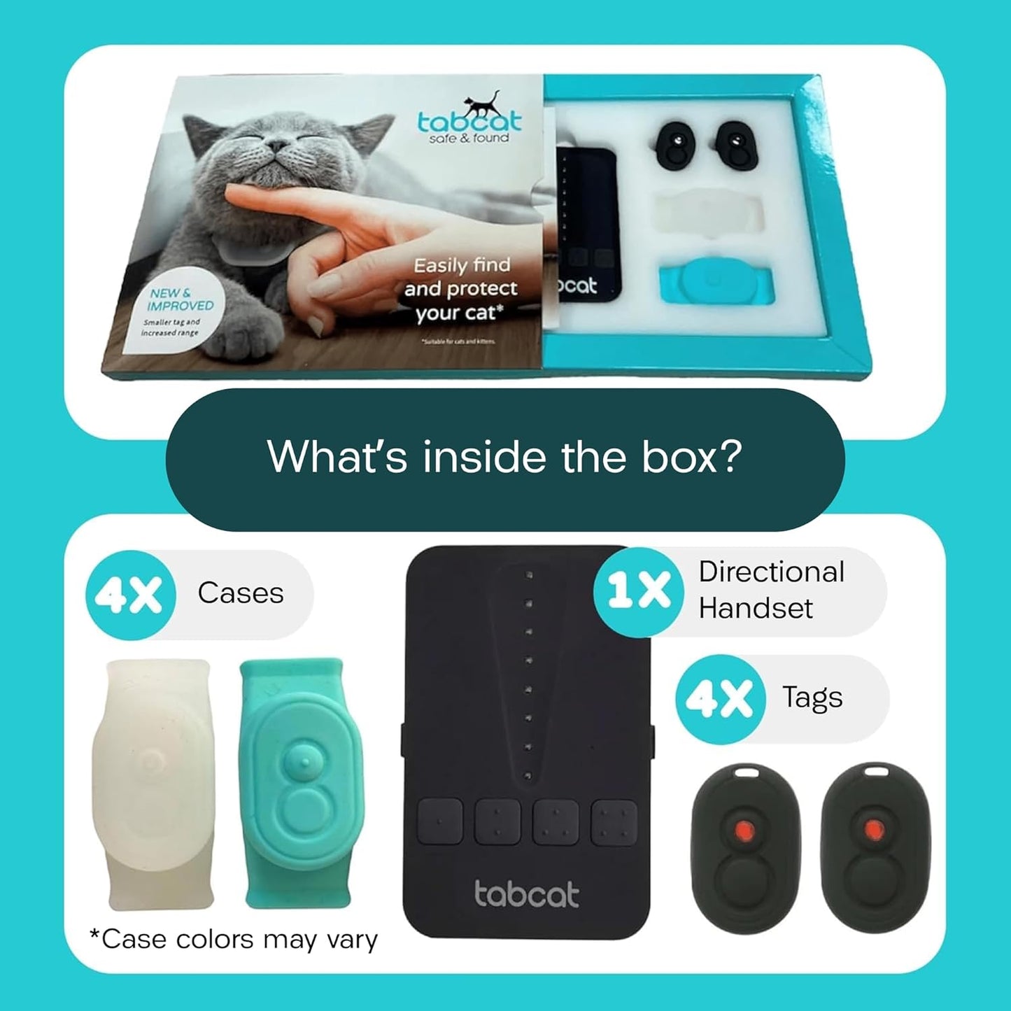 Tabcat V2 Cat & Kitten Tracker - No Monthly Subscription Fee | 4 Lightweight Homing Tags, Cases & Tracking Handset | More Accurate Than GPS | Track 4 Cats Indoors & Outdoors to 1" & 500 ft Range