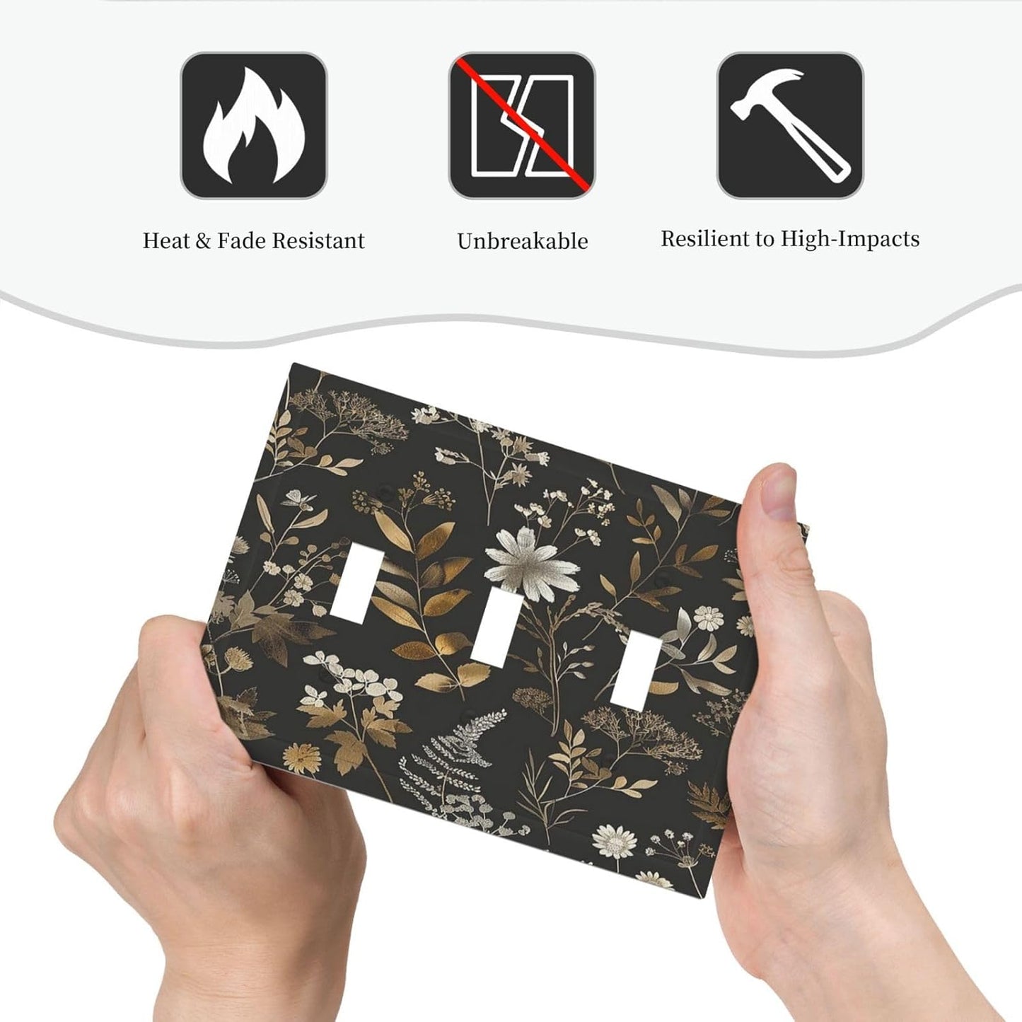 Decorative Switch Plates Black Gold Floral Dark Leaves Vintage Flowers 3 Gang Wall Plate Triple Toggle Light Switch Cover Faceplate Electrical Wall Panels for Bed Room Home Decor