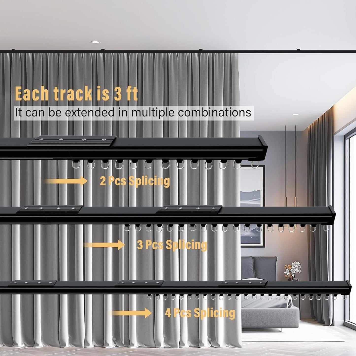 Ceiling Curtain Tracks,Curtain Track Wall Mount,Track Curtains Rod Ceilings Mount Heavy Duty Ceiling Tracks for Curtains Room Divider Rod with Hooks,Black 3-9ft