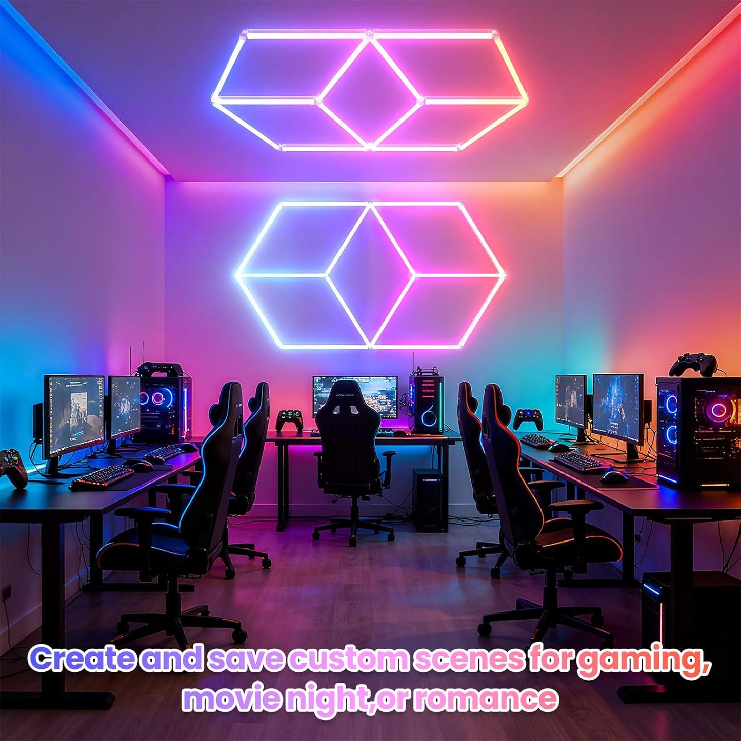 Hexagon Garage Lights RGB - Multicolor LED with Dimming,Speed Control, Perfect for Gaming Setups, Home Bars, Music Studios, DIY Home Gym Lighting