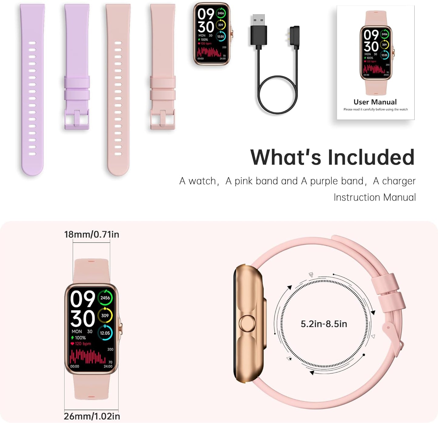 Fitness Tracker with 24/7 Continuous Heart Rate, Blood Oxygen Monitor, Smart Watch with Sleep Monitor, IP68 Waterproof Activity Tracker Step Counter for Women Men (Pink)