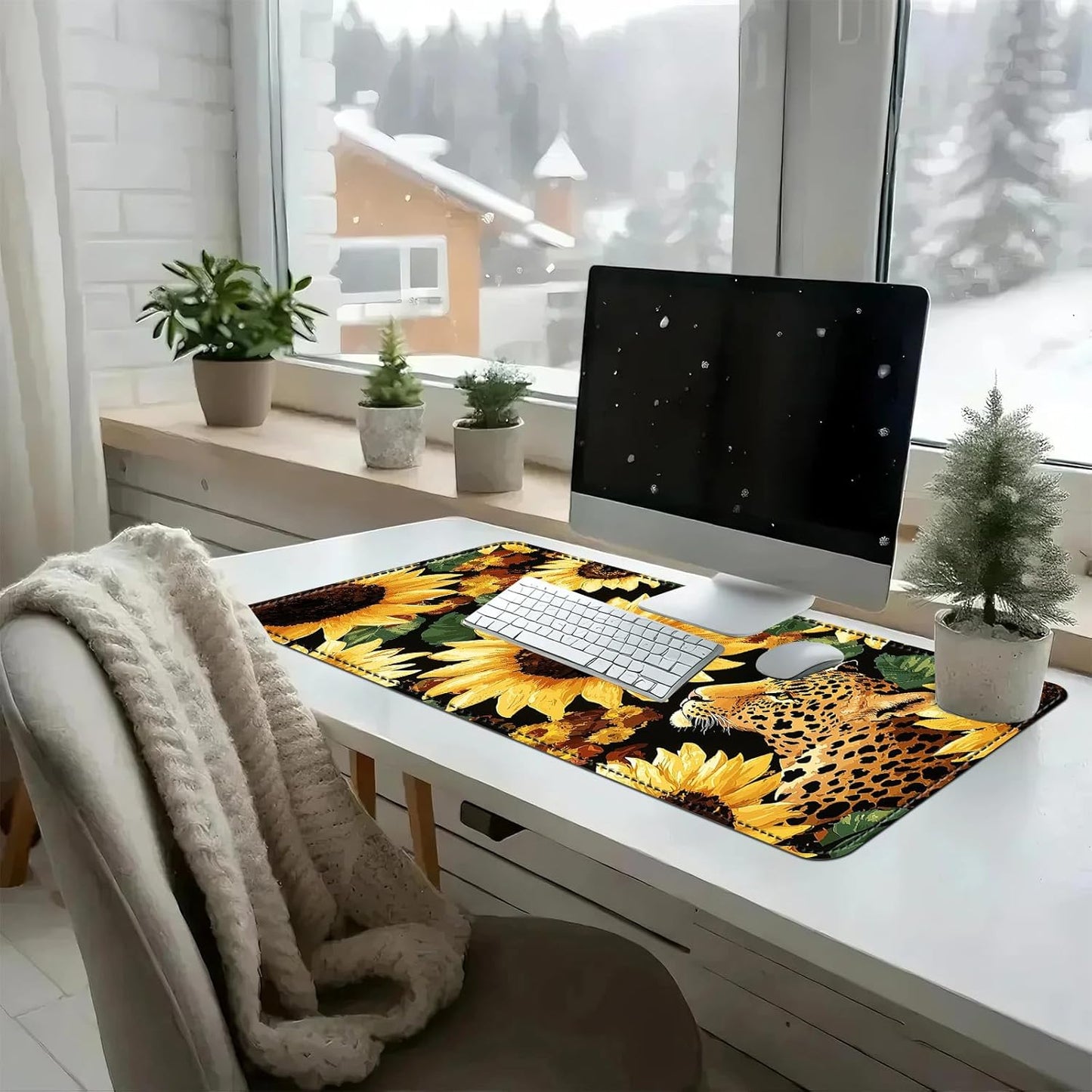 Heated Mouse Pad with 3 Temperature Settings(104°F–122°F),Large 31.5x13 Inch PU Leather Heated Desk Mat,Waterproof Warming Pad for Office,Gaming & Cold Hands Relief,Sunflowers Leopard Print