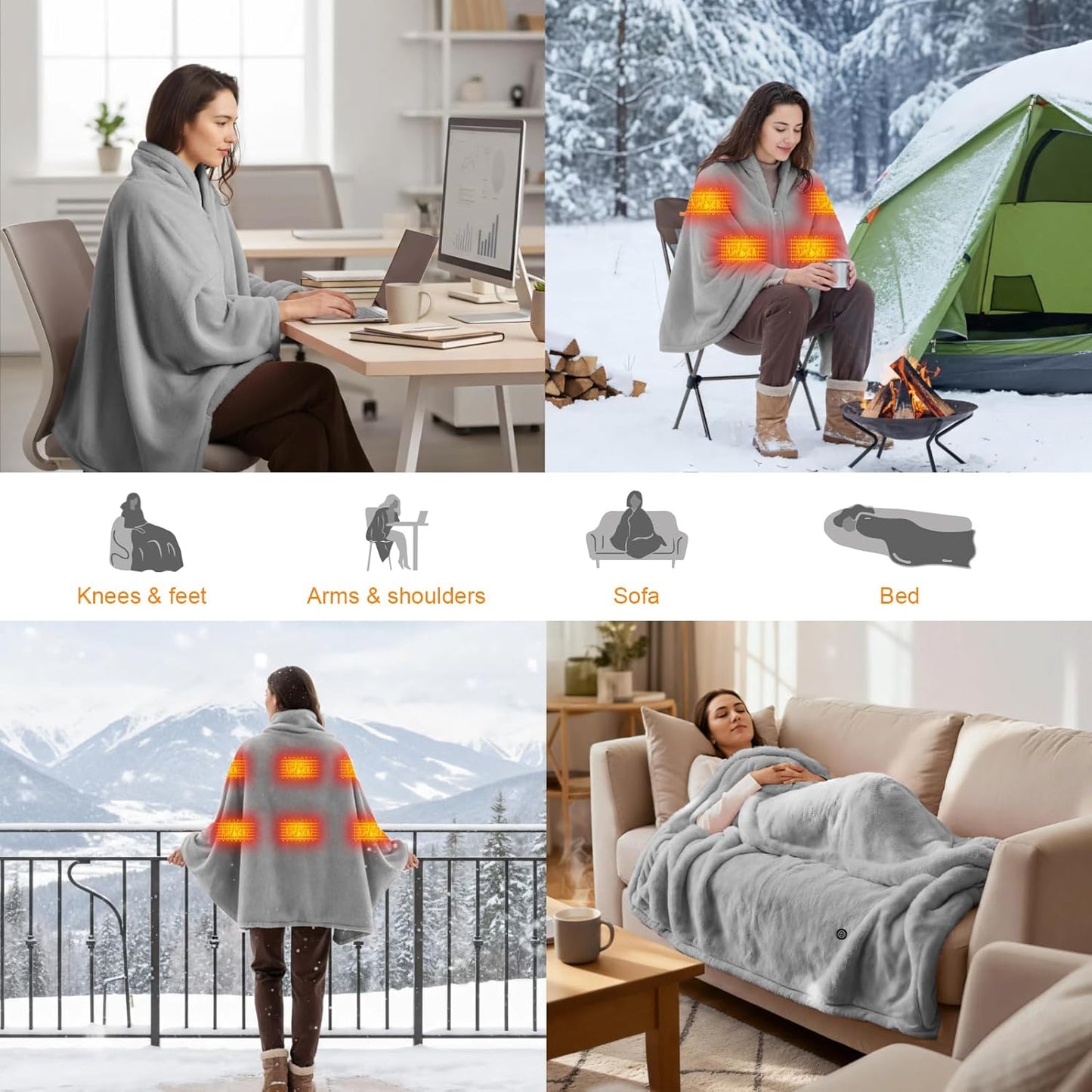 Cordless Heated Blanket Battery Operated with Fleece Lining 7.4V 16000mAh Battery Portable Wearable Heated Shawl for Women Men 6 Heating Zones 3 Fast-Heating Levels (Battery Included)