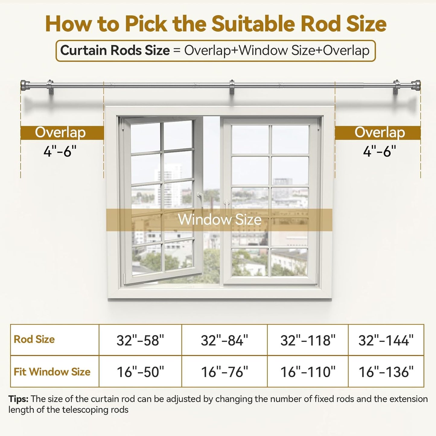 Curtain Rod 32-144 Inch, Heavy Duty 1 Inch Adjustable Curtain Rods for Windows, Sliver Extra Long Window Treatment Rods, Modern Design, Easy Installation
