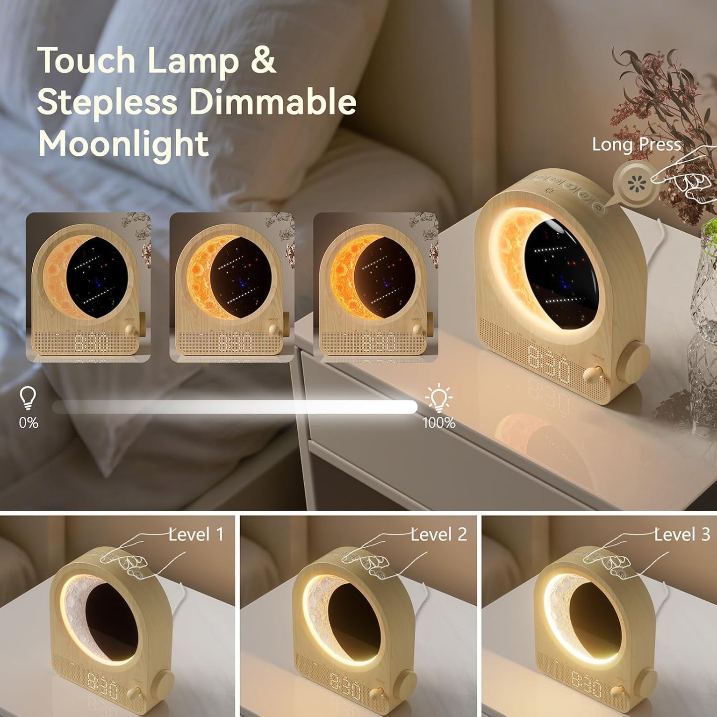 Sunrise Alarm Clocks for Bedrooms, Stepless Dimmable Moon Lamp Dual Alarm Clock Wake Up Light with 12Levels Volume for Heavy Sleepers, 10 Natural Sounds with Timer, Gifts for Women