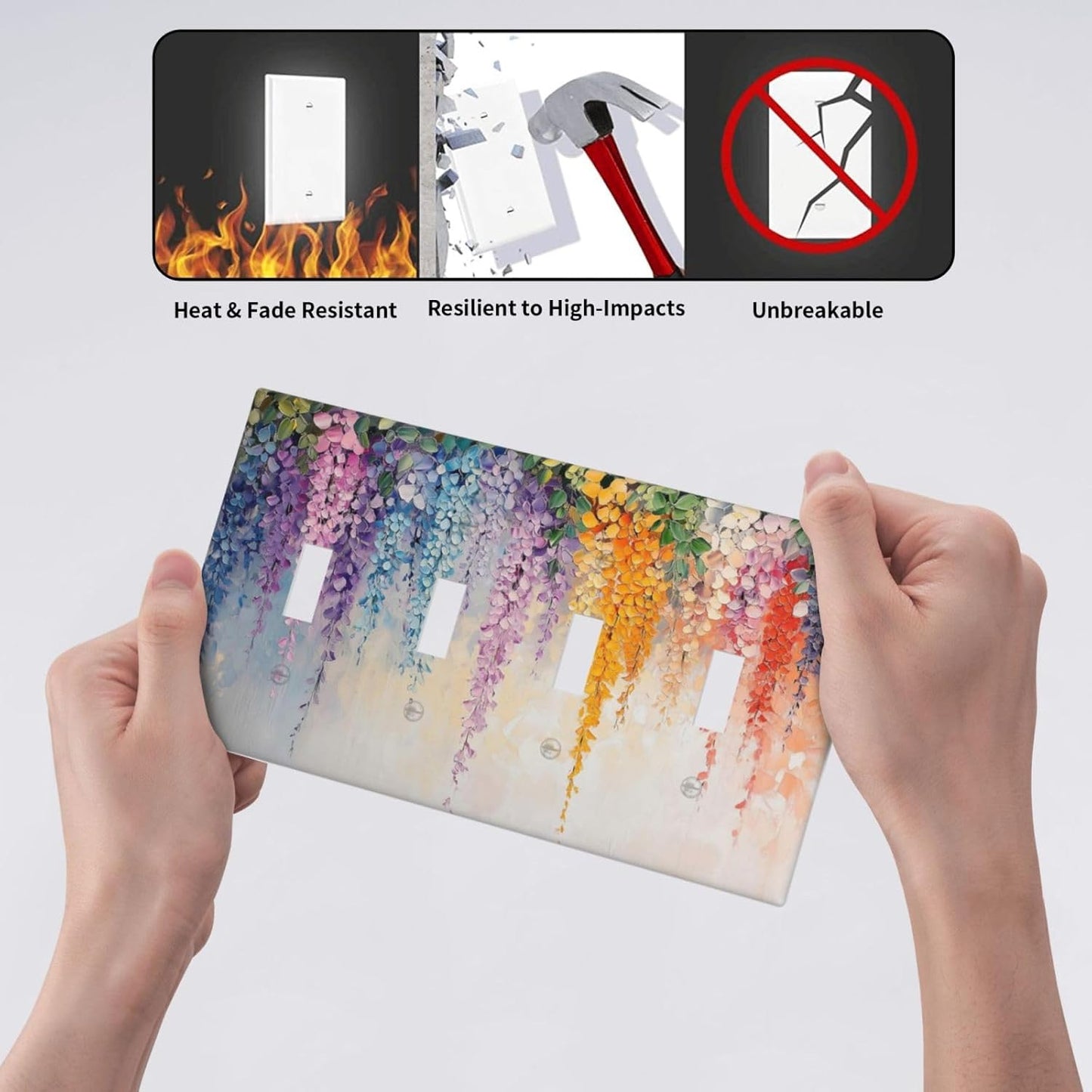 Colorful Wildflower Wisteria Cascade Floral Flower Light Switch Covers Quad Toggle Electrical Faceplate 4 Gang Wall Plate Decorative Switch Plates Cover for Bedroom Living Room Decor