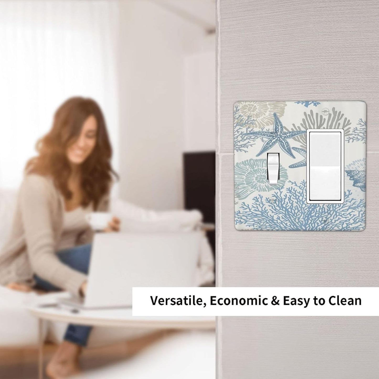 Decorative Outlet Covers Blue Starfish Coral Seaweed 2 Gang Wall Plate Single Toggle 1 Rocker Light Switch Cover Switch Plate Covers for Bathroom Bedroom Home Decor