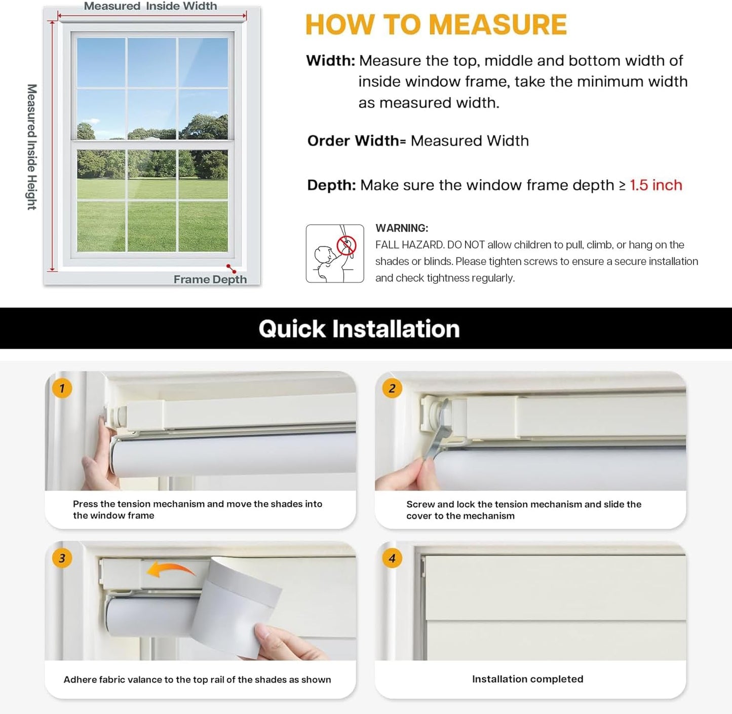 LazBlinds Custom Size No-Drill Blackout Blinds - Easy Install for Renters & Child Safe Cordless Roller Shades, Thermal Insulated for Home Office, 100% Light Blocking, Blackout-Cream