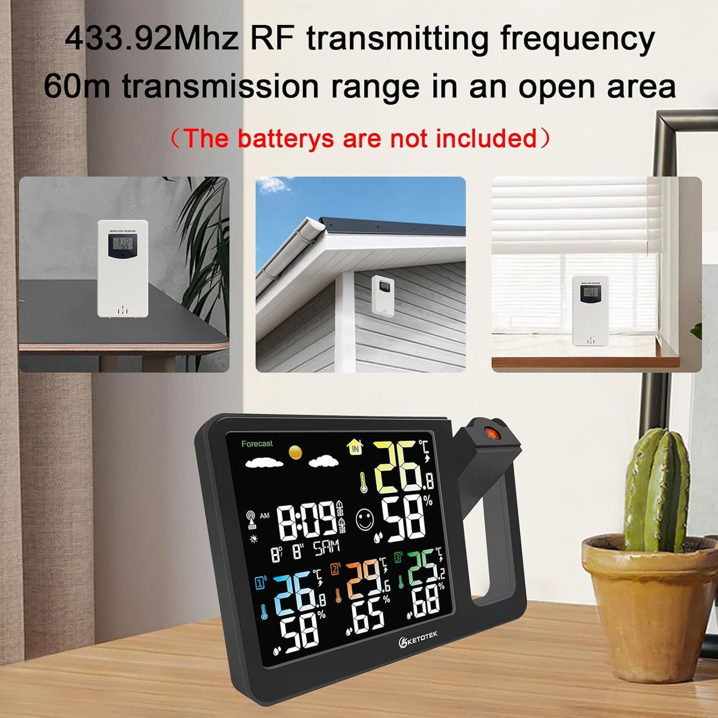 KETOTEK Digital Projection Alarm Clock for Bedroom Ceiling Wall VA LCD Display Radio Controlled Weather Station Indoor Outdoor Temperature Humidity Monitor with 3 Remote Sensors